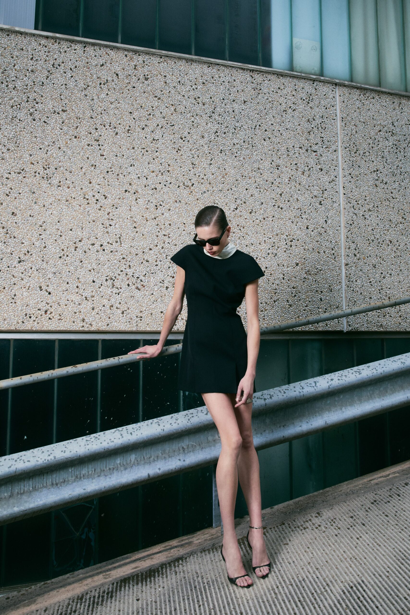 black wool short-sleeve high-neck fitted structured mini mini-dress