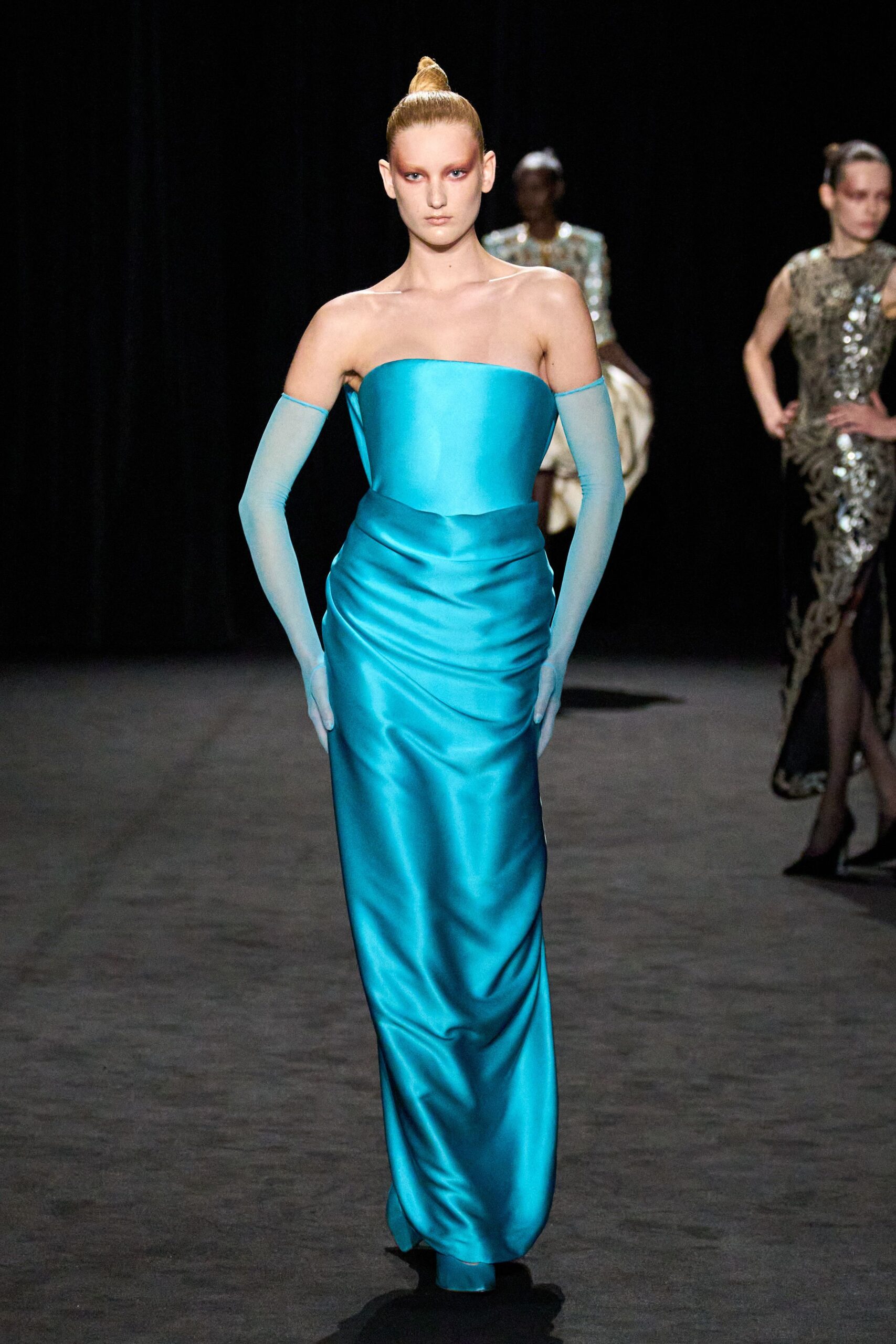 blue satin strapless fitted draped shiny maxi gown