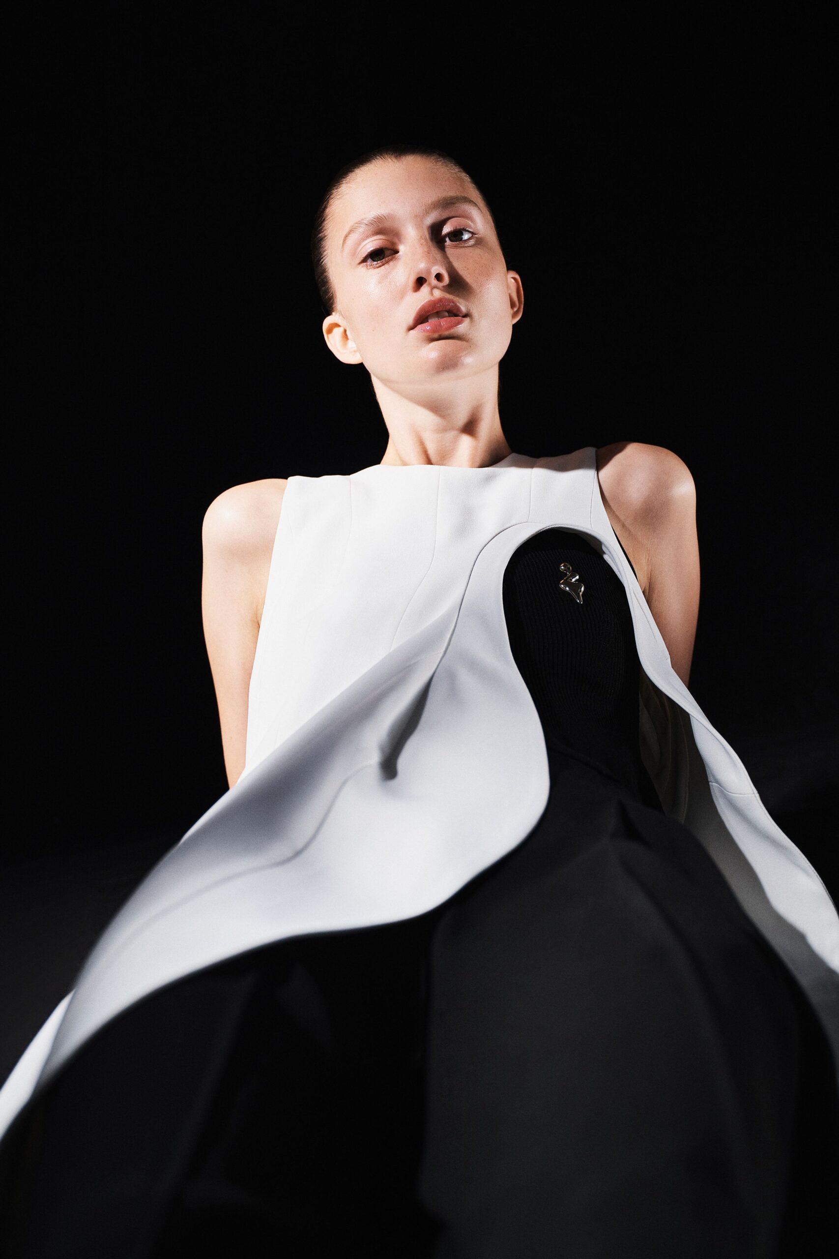 white and black asymmetric dress