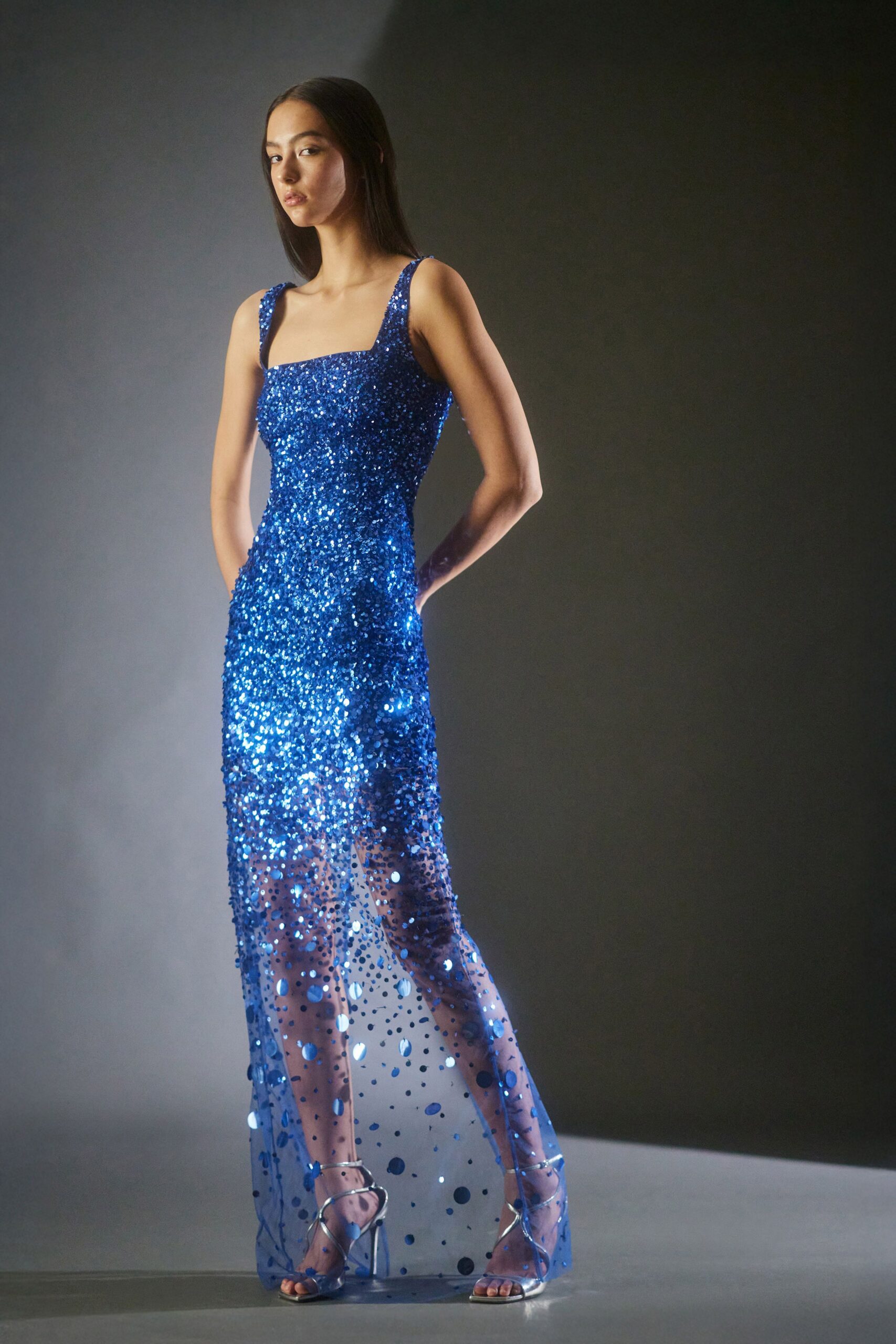 blue sequin sleeveless square-neck fitted embellished layered gown