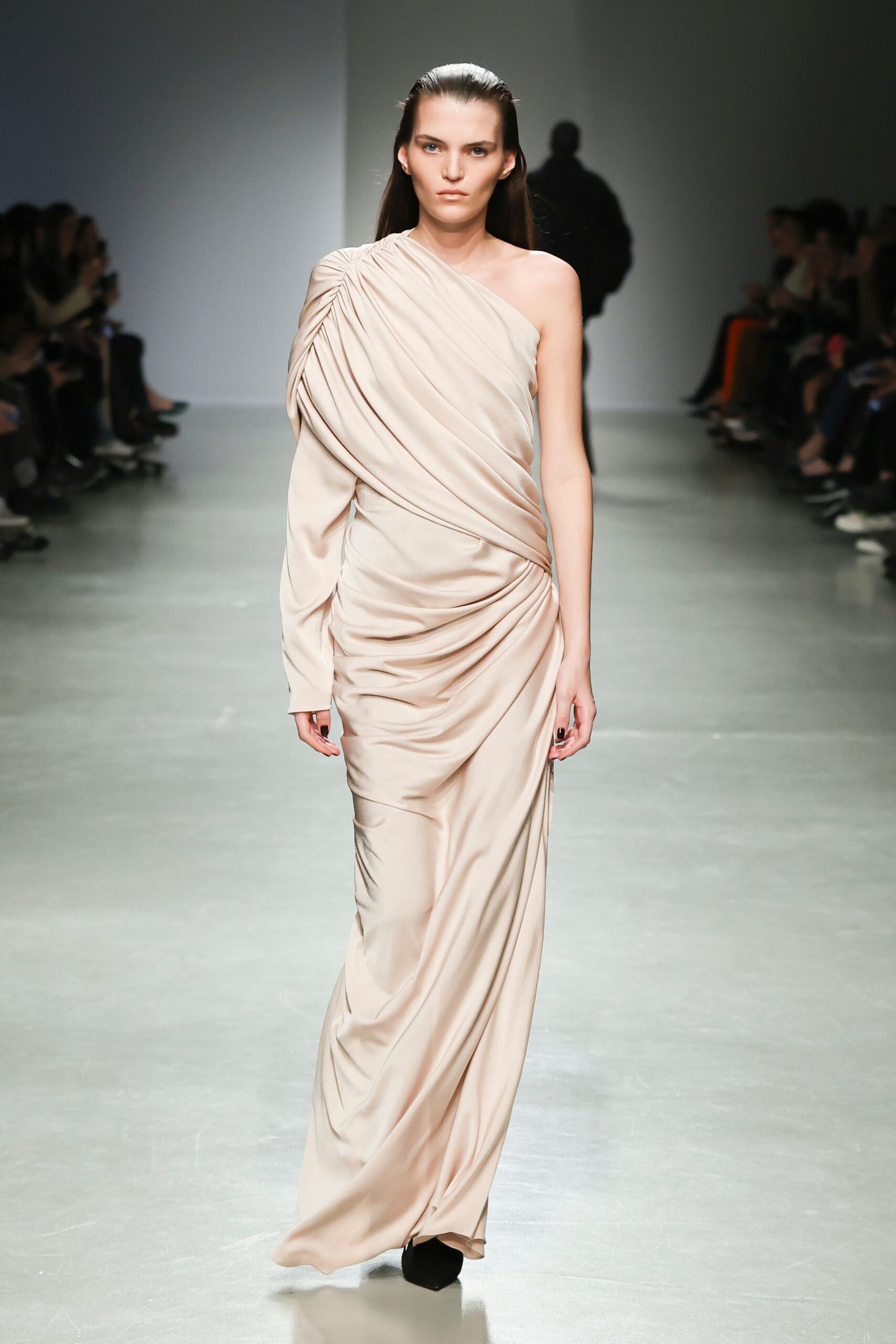 beige silk long-sleeve off-shoulder fitted draped maxi gown