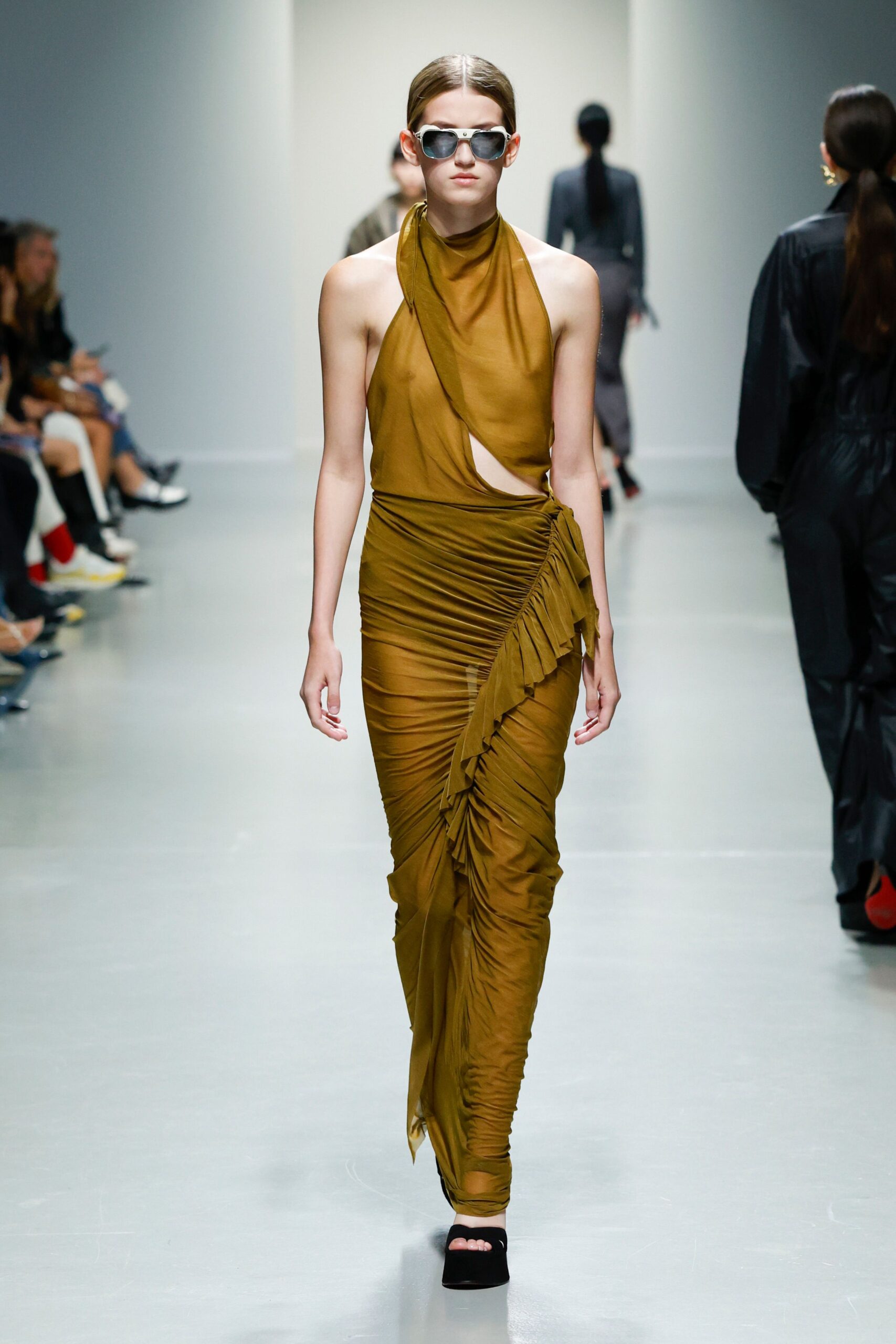 fitted green silk midi dress