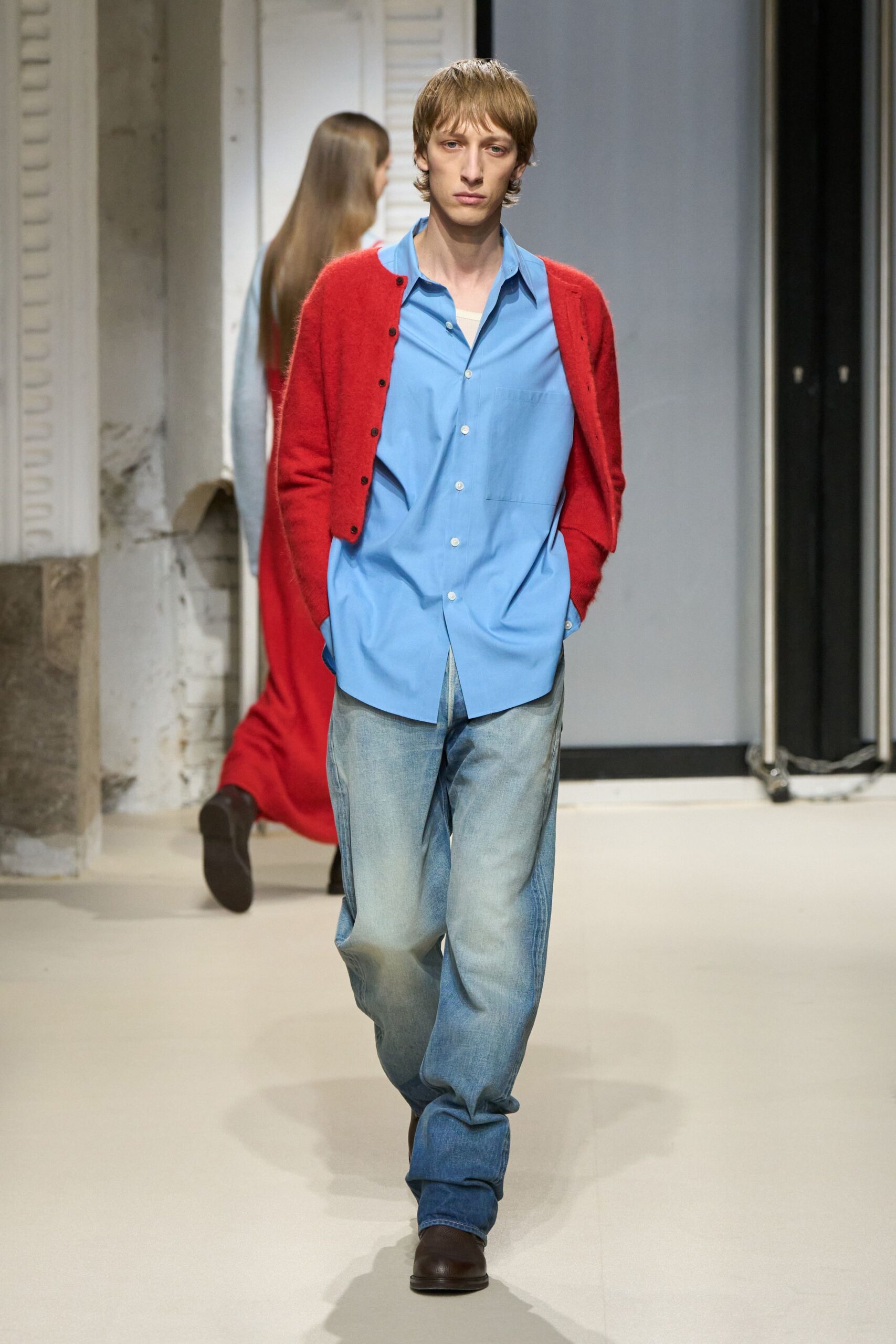 red wool long-sleeve collared relaxed cardigan