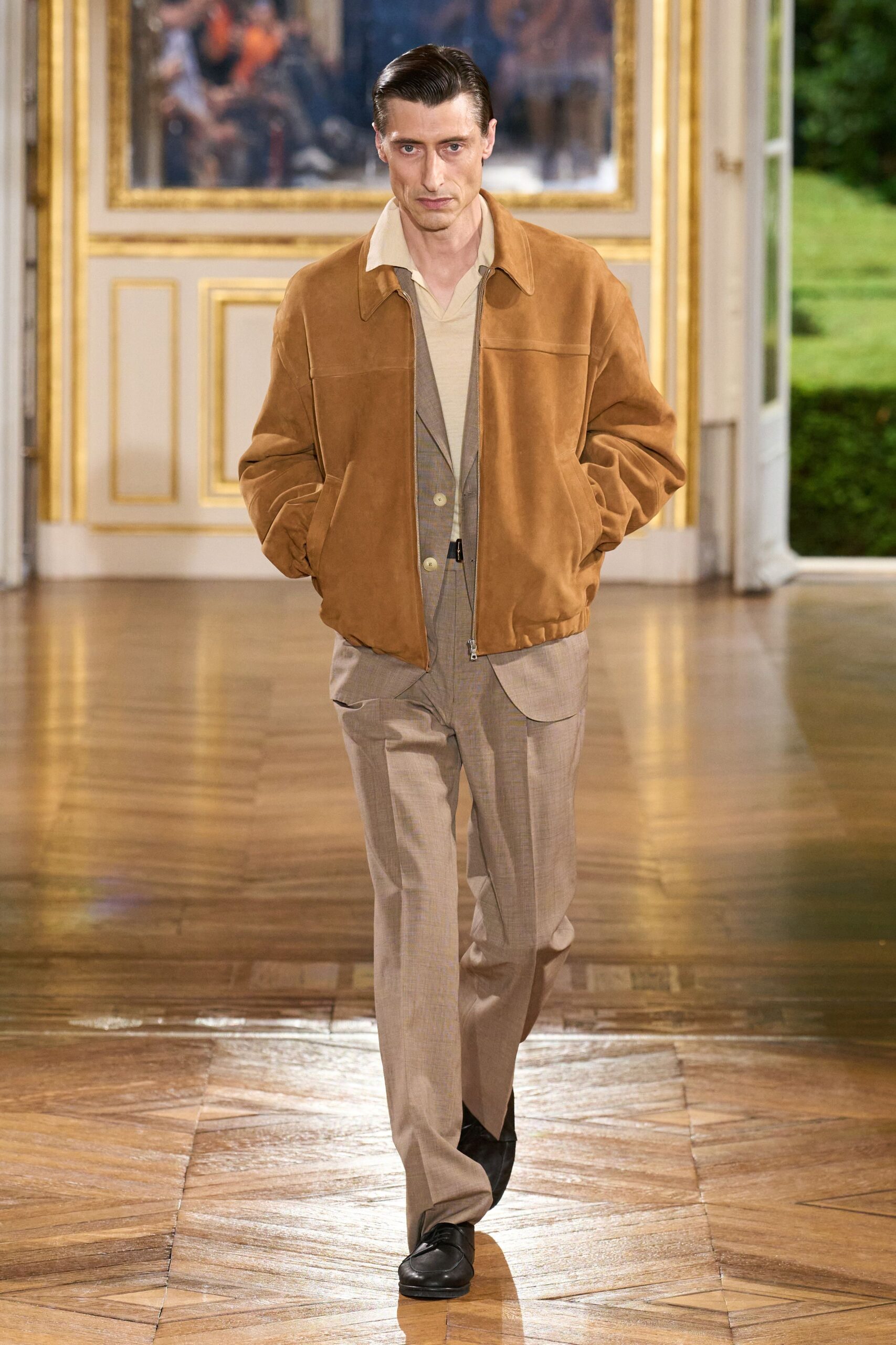 brown suede jacket with beige shirt