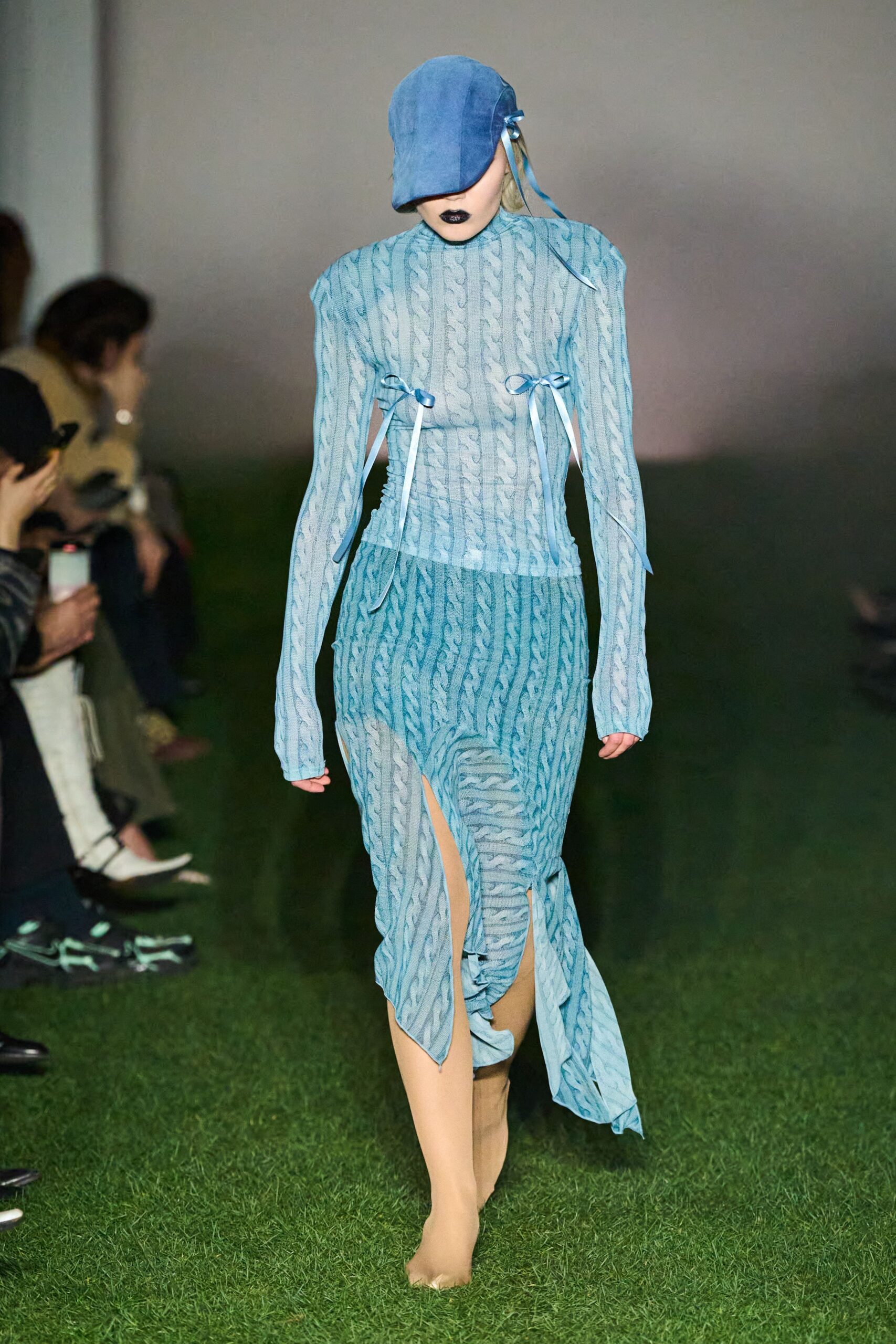 blue mesh fitted dress with hat