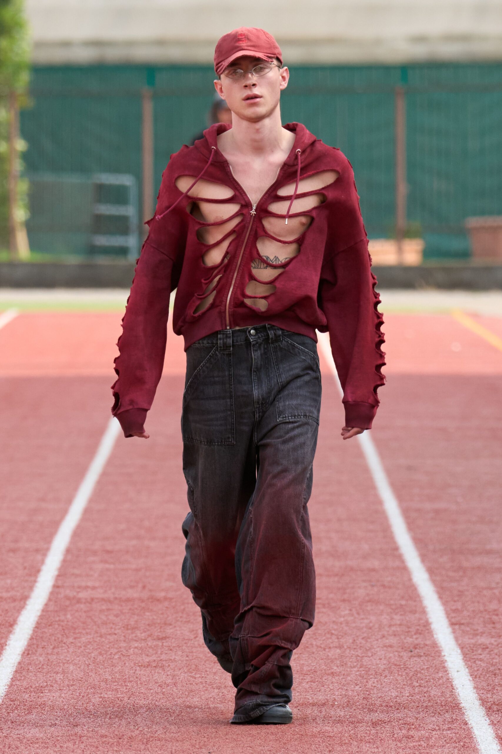 red cotton long-sleeve hooded relaxed fringed hoodie