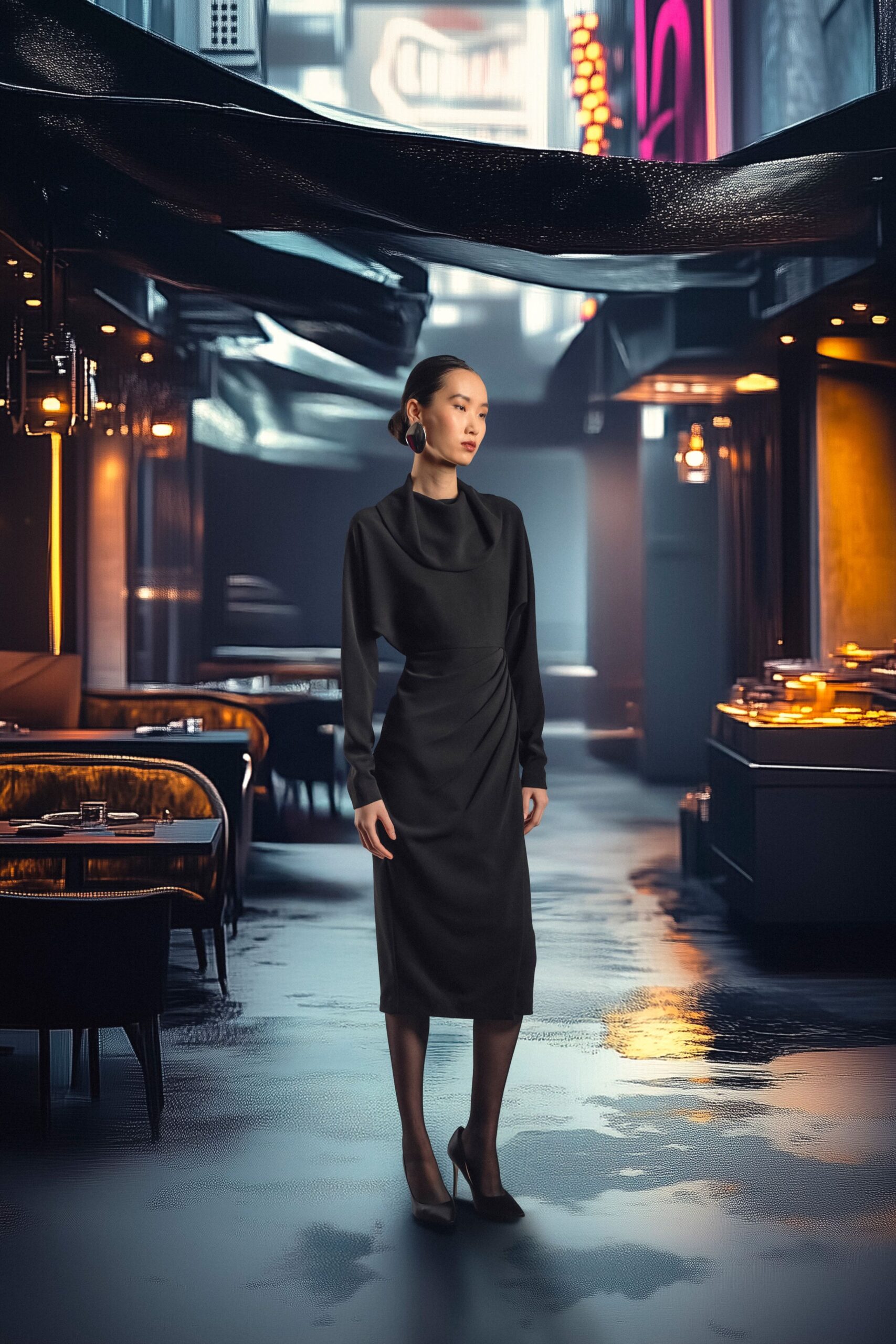 black silk long-sleeve midi dress with heels