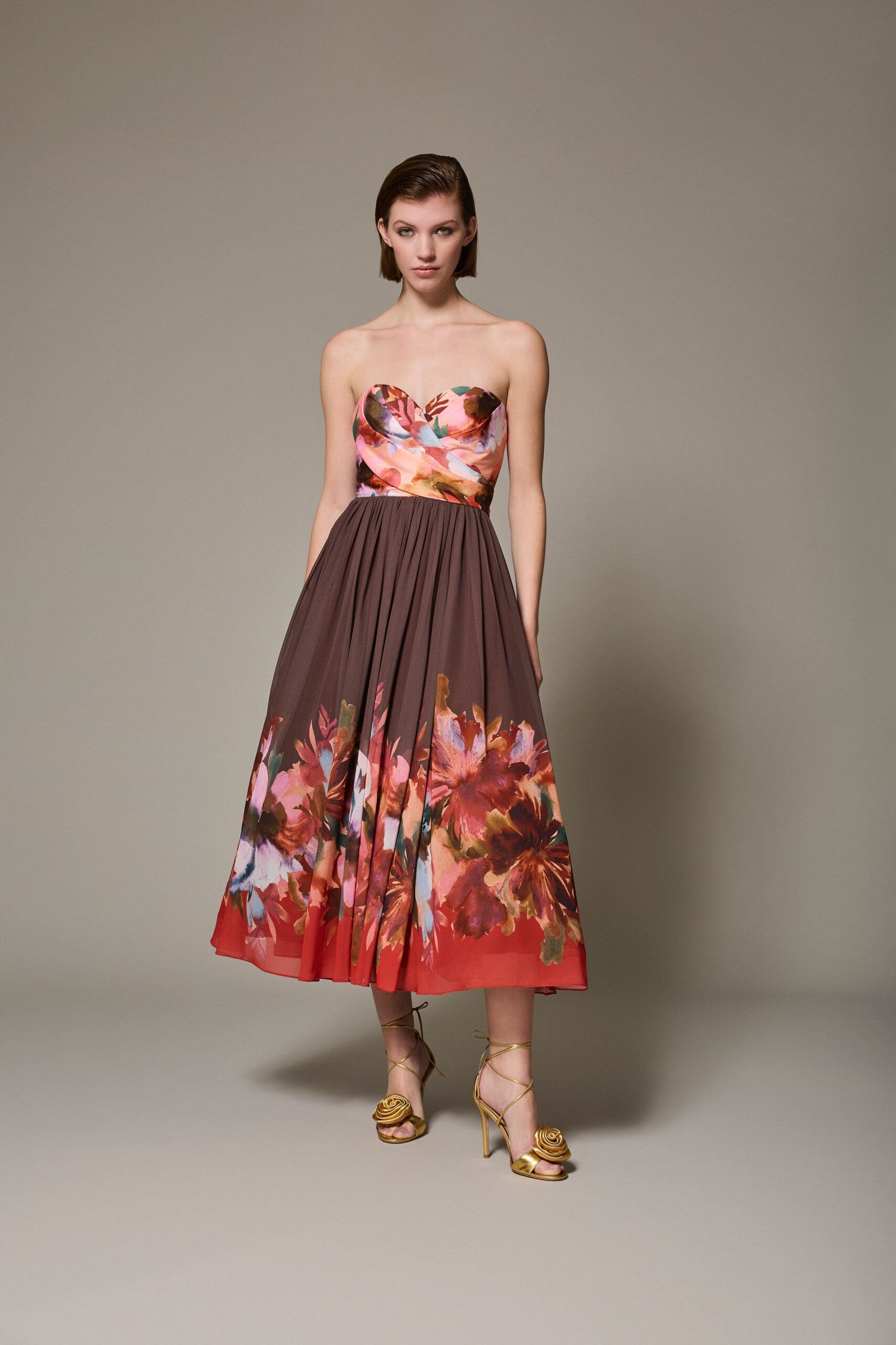 brown silk strapless fitted floral pleated midi dress