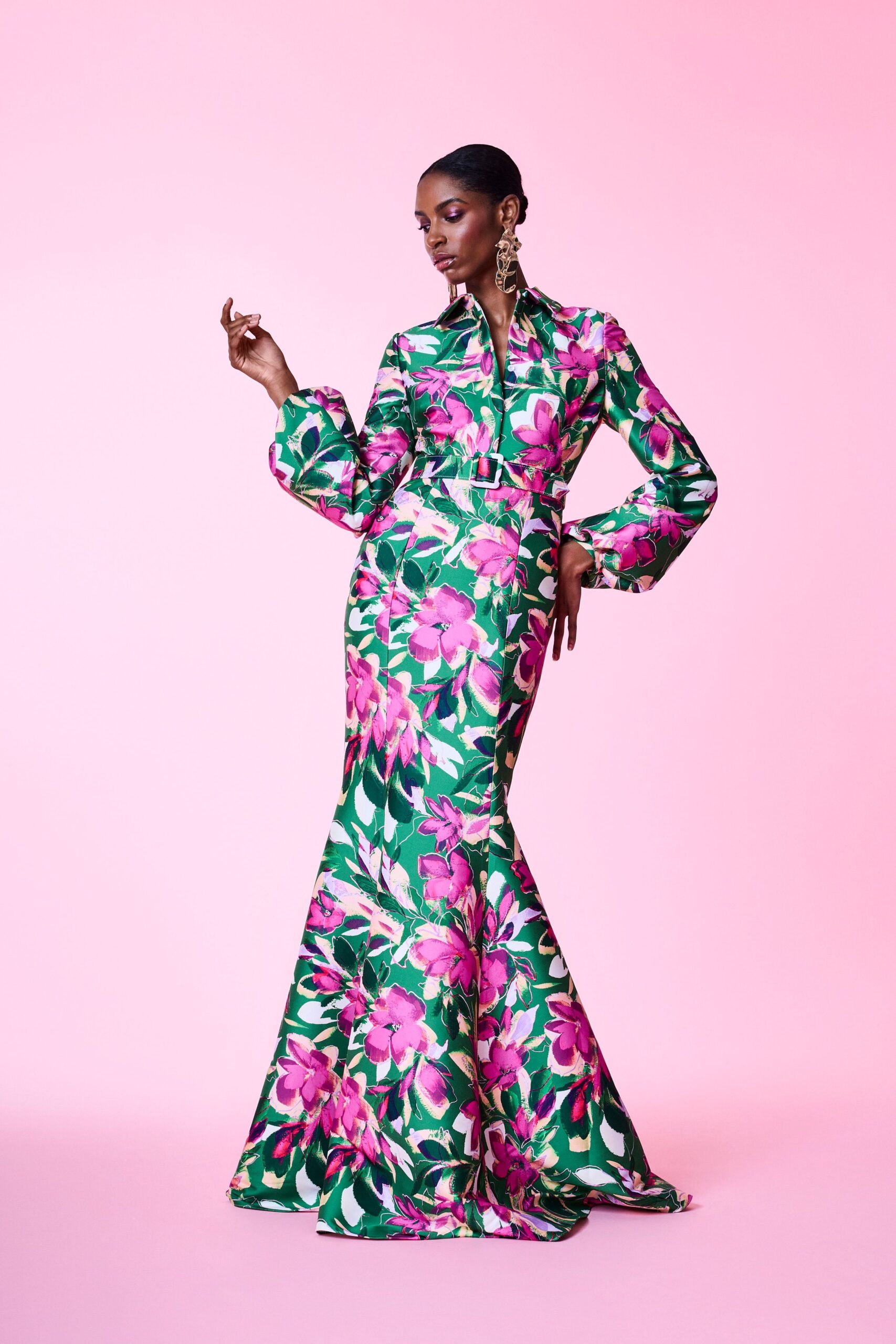 floral green pink gown