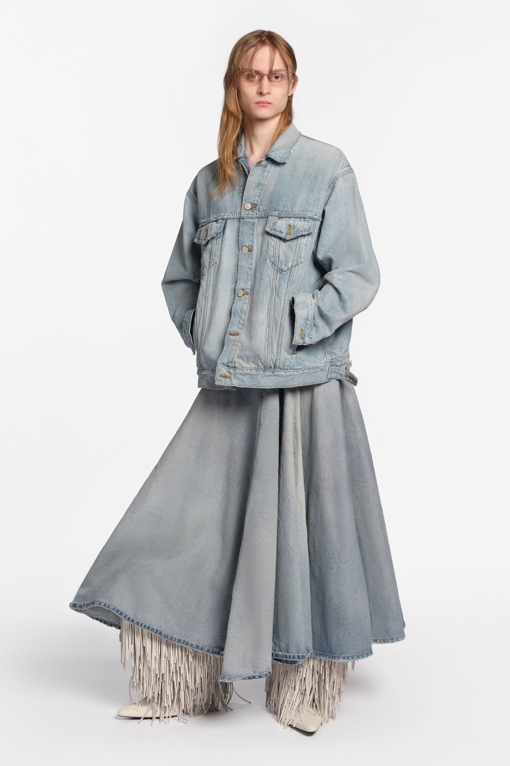 blue denim high-waisted flared layered textured maxi skirt