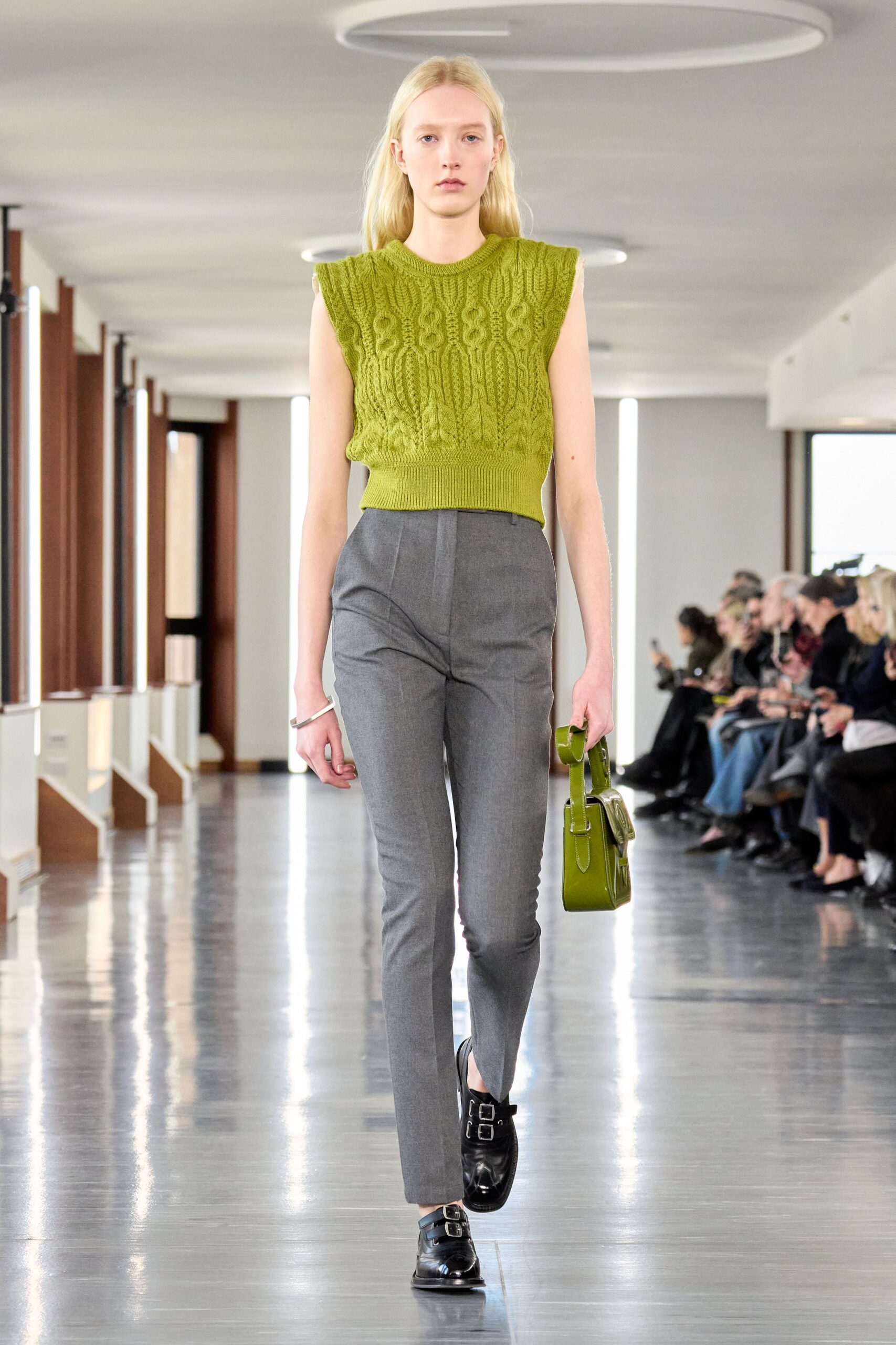 green wool sleeveless high-neck fitted textured top