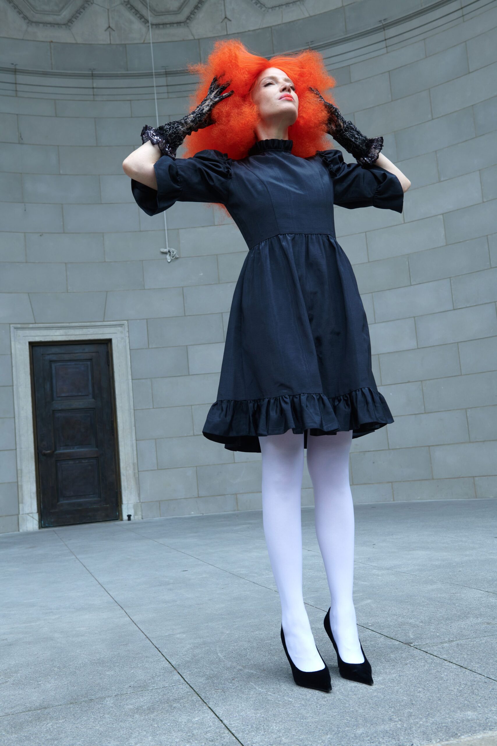 black midi dress with gloves