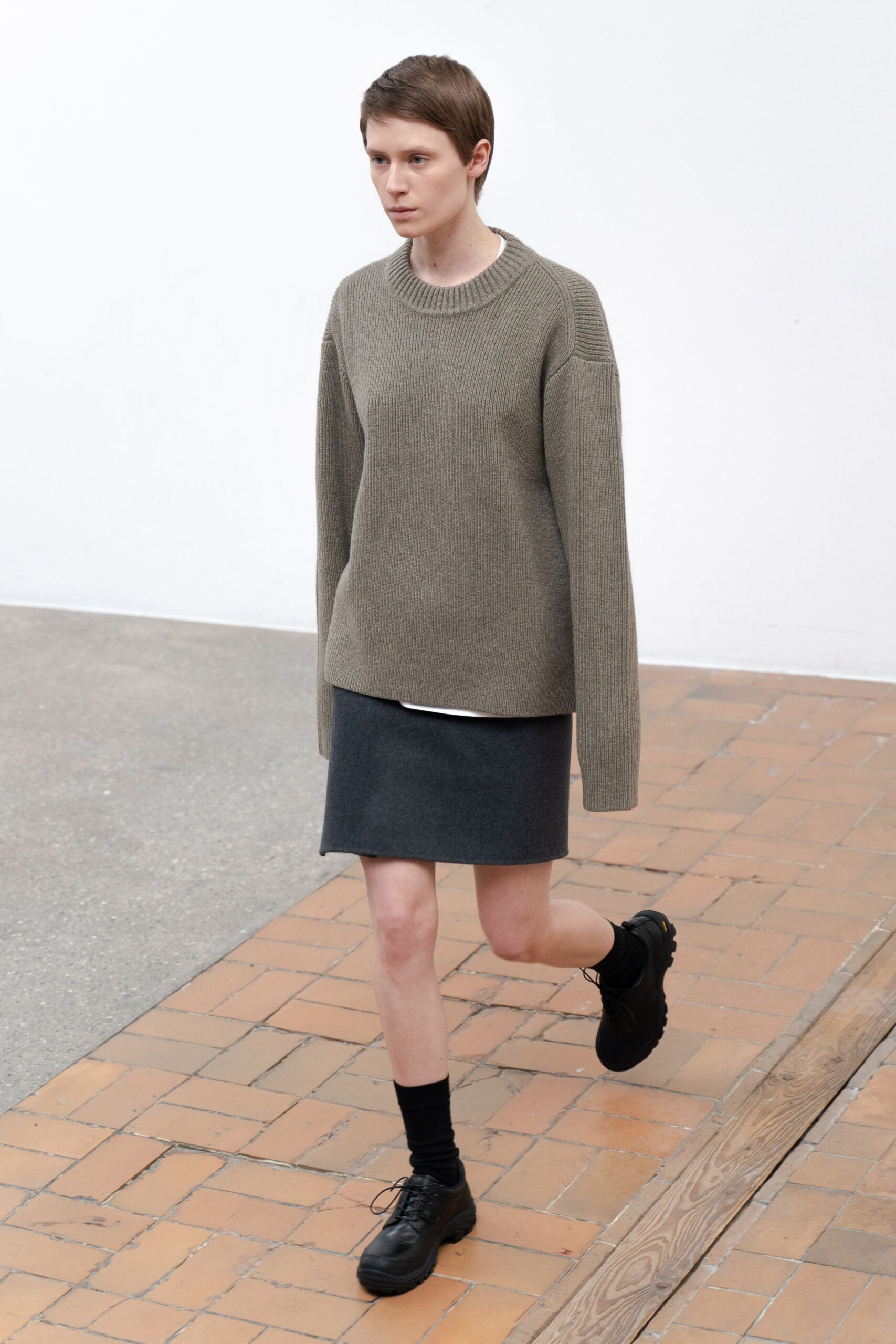 gray wool long-sleeve collared oversized sweater