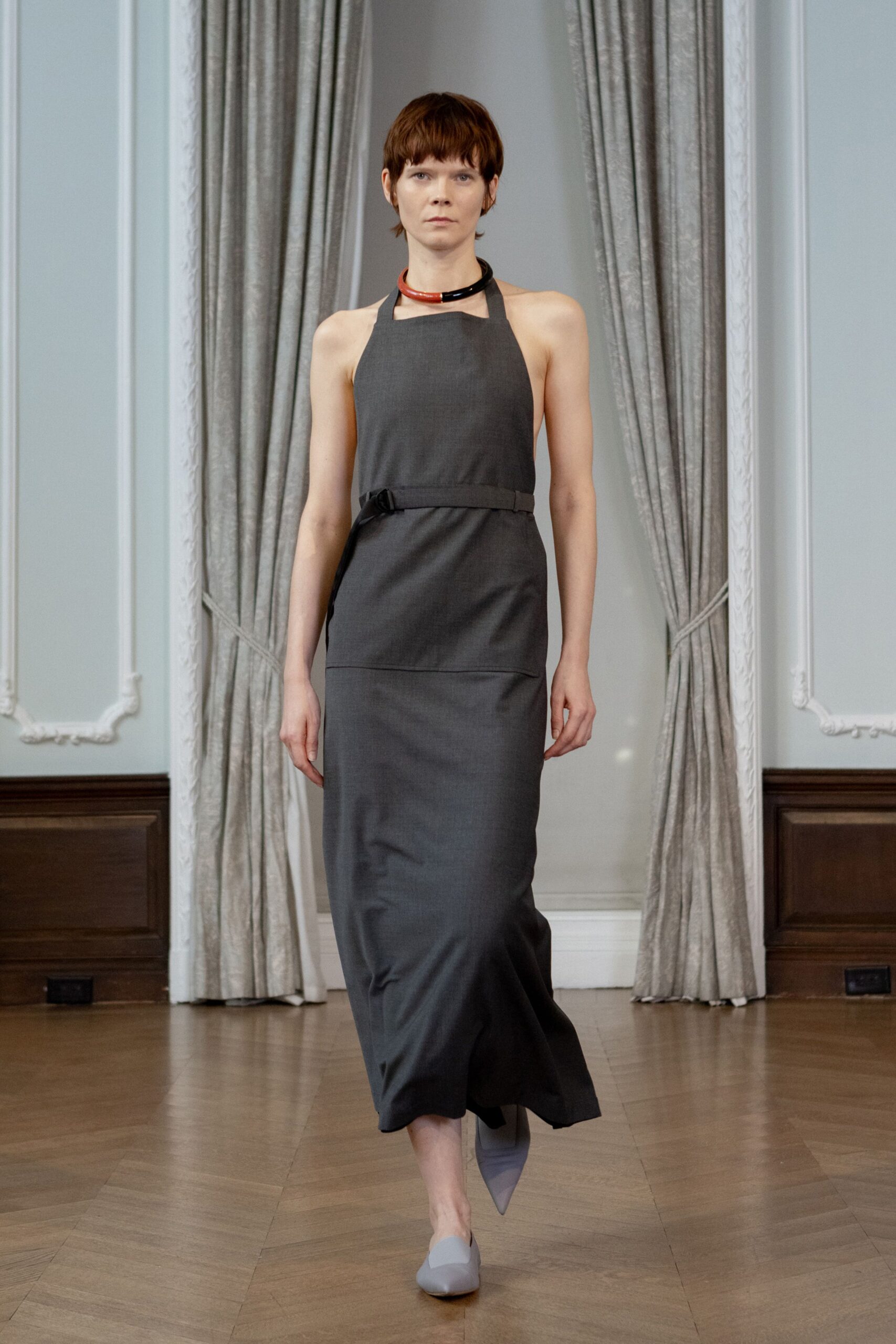gray fitted halter gown with shoes