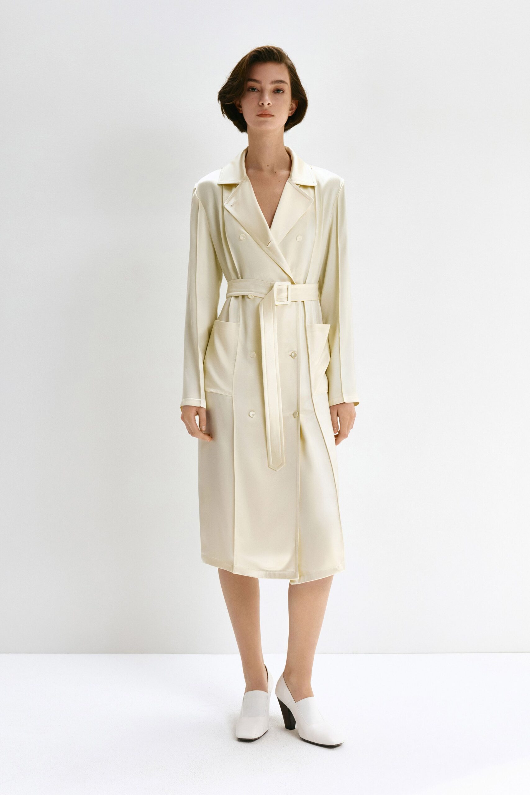 ivory satin long-sleeve collared fitted belted midi dress