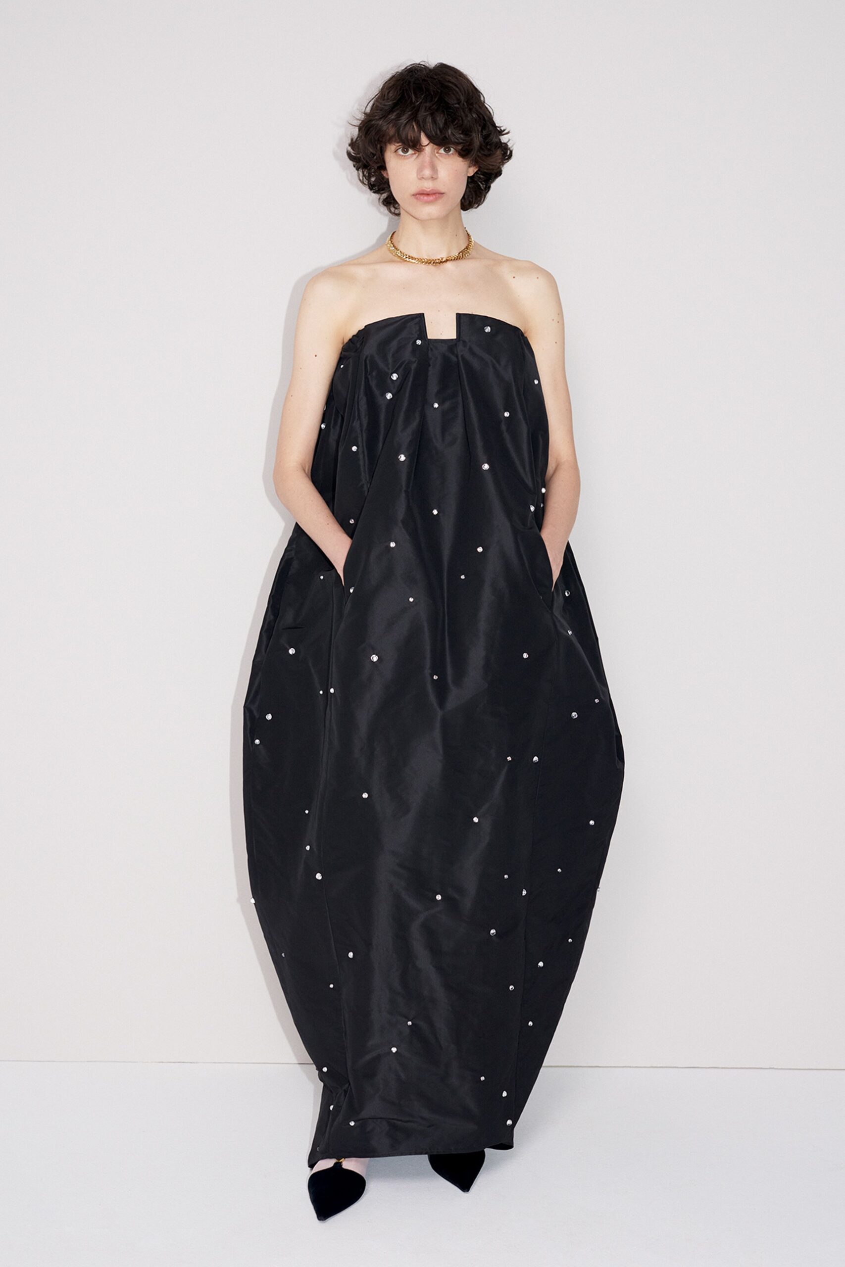 black strapless embroidered gown