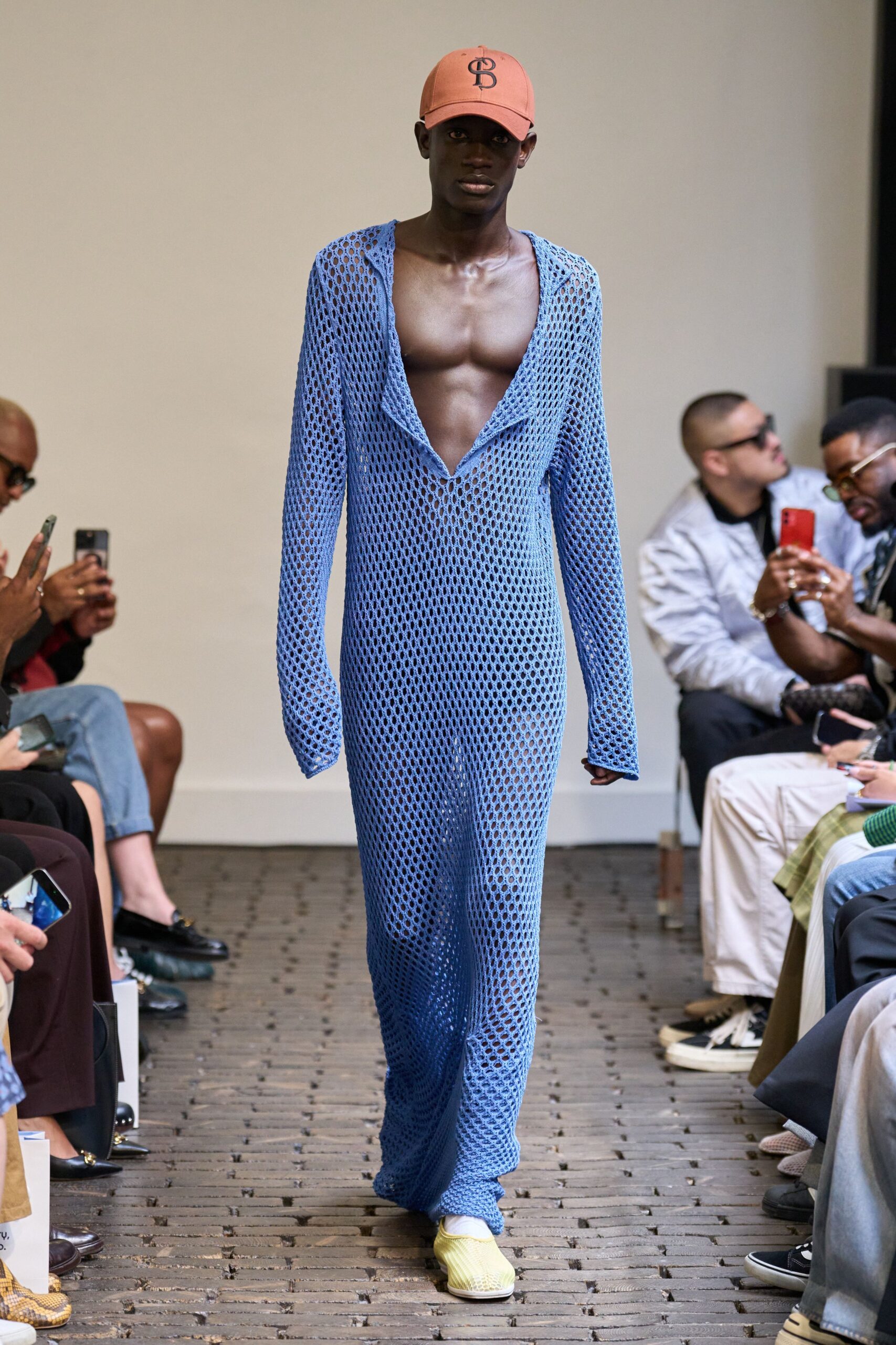 blue mesh long-sleeve v-neck relaxed draped maxi dress