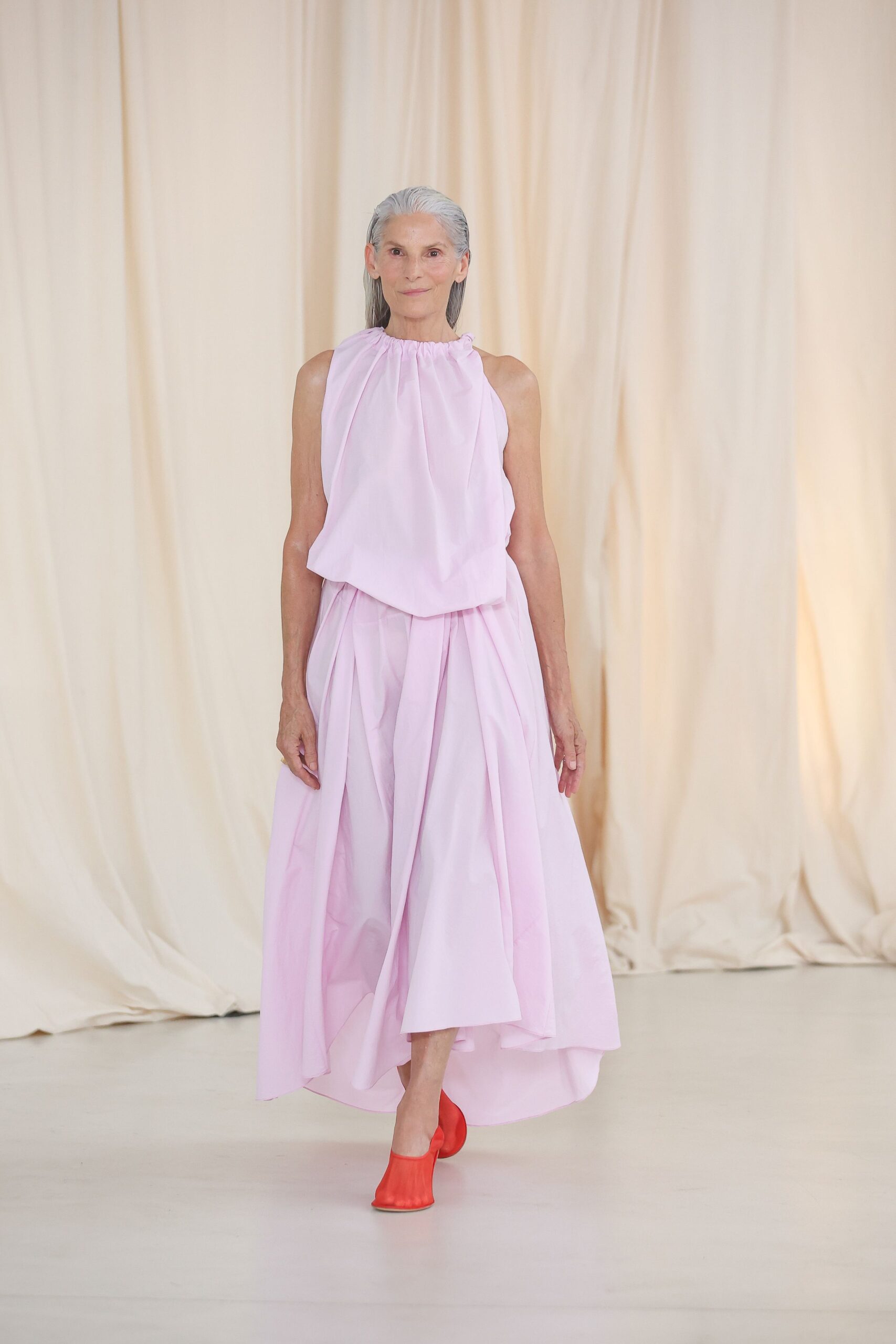 pink silk sleeveless high-neck relaxed draped flowing top