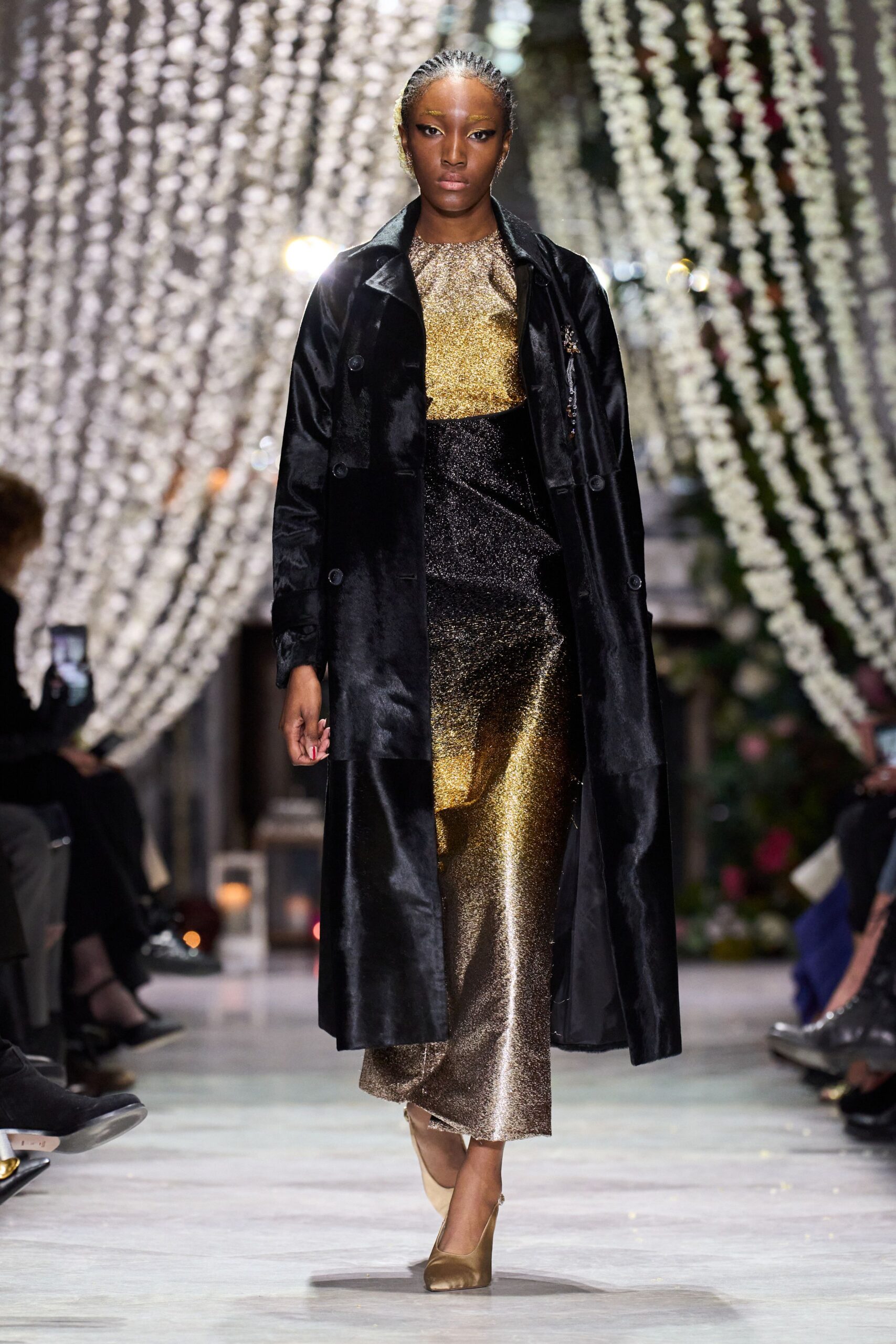 black silk long-sleeve collared relaxed buttoned coat