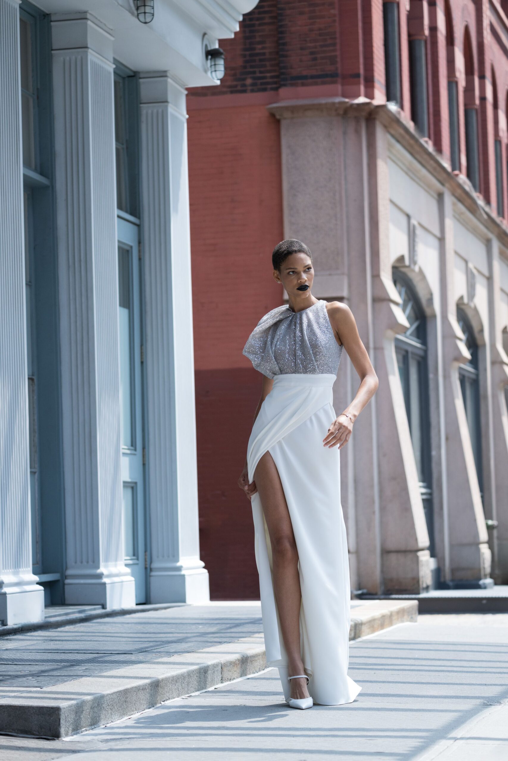 white silk gown with slit