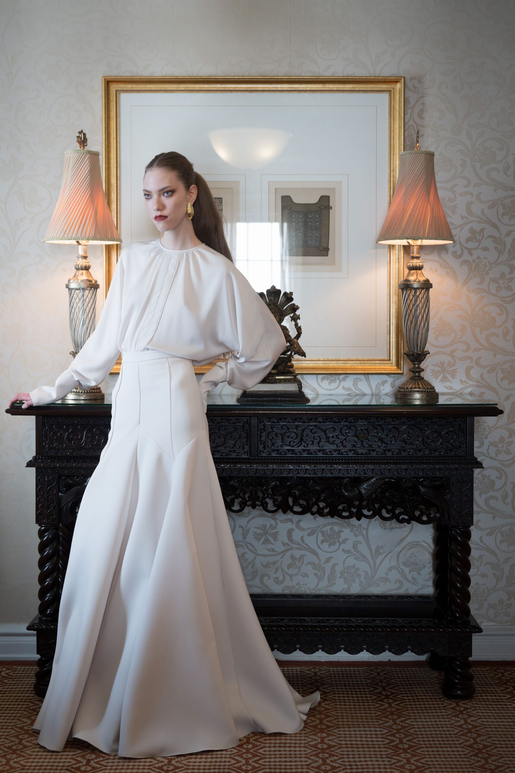 white silk long-sleeve high-neck oversized draped layered blouse