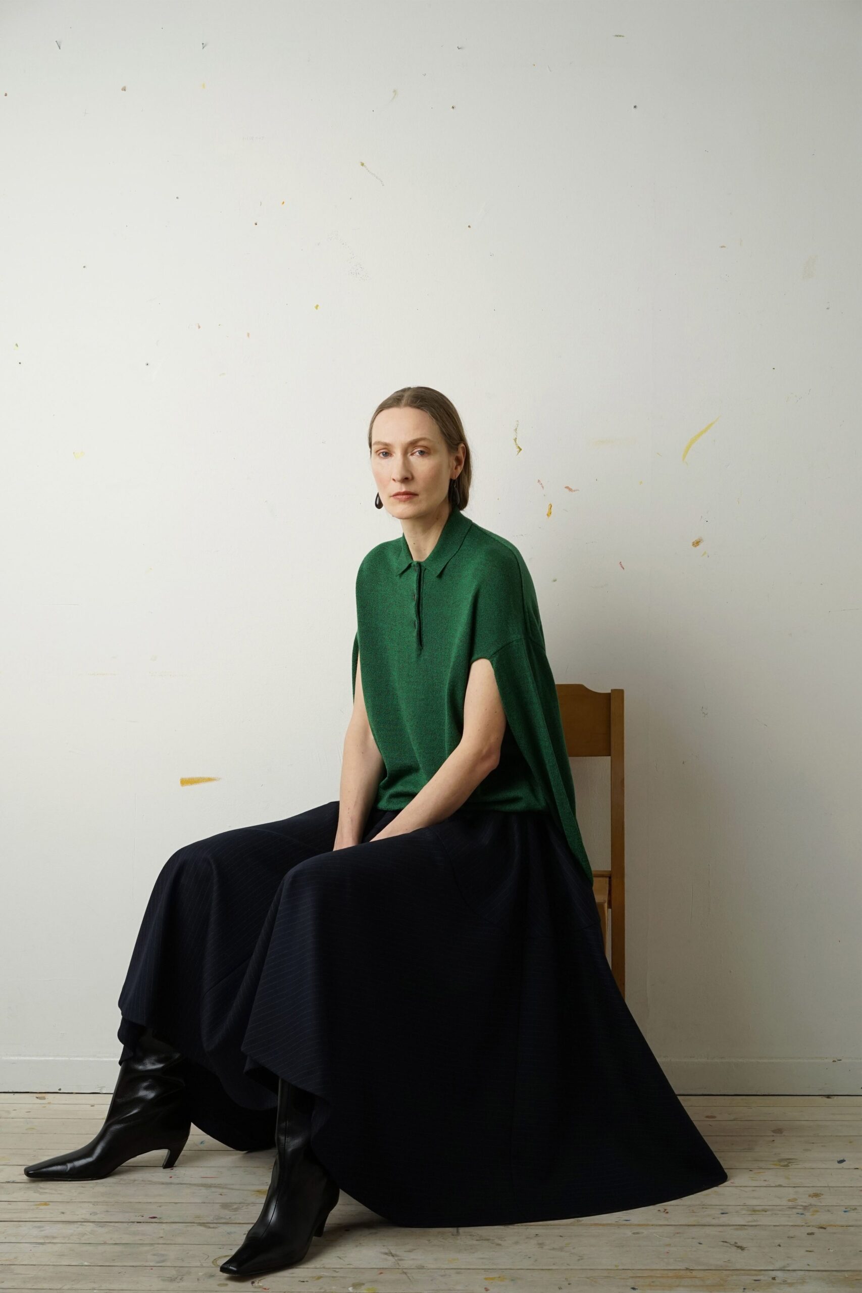 green top black midi skirt