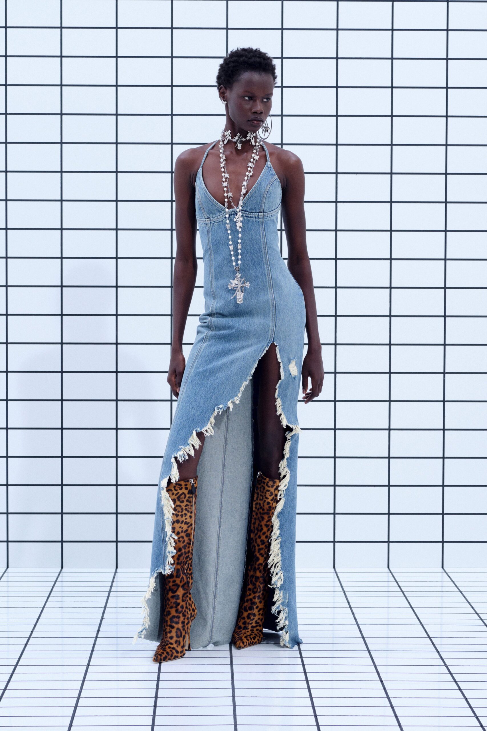 blue denim sleeveless v-neck fitted fringed maxi dress
