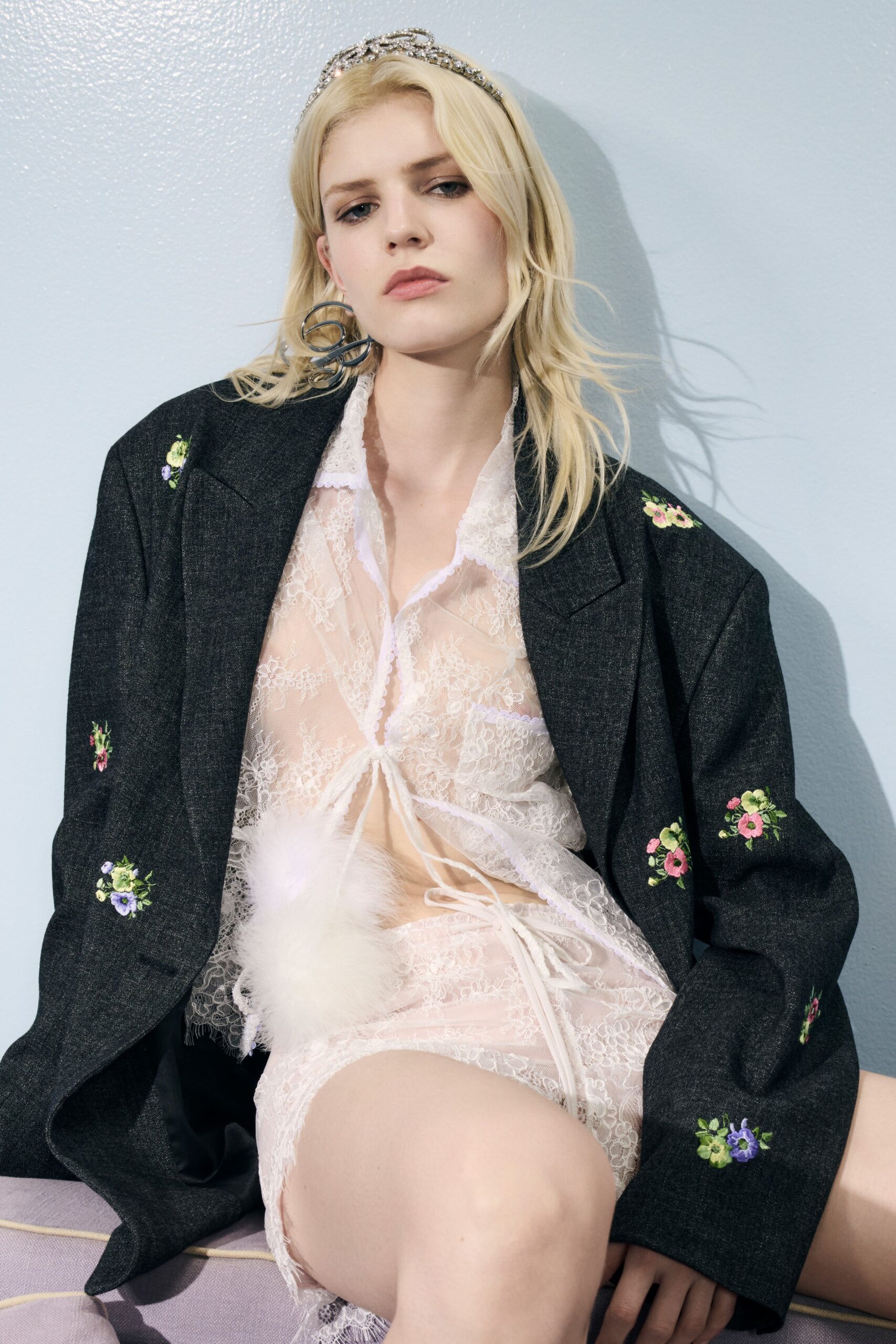 black blazer pink lace dress