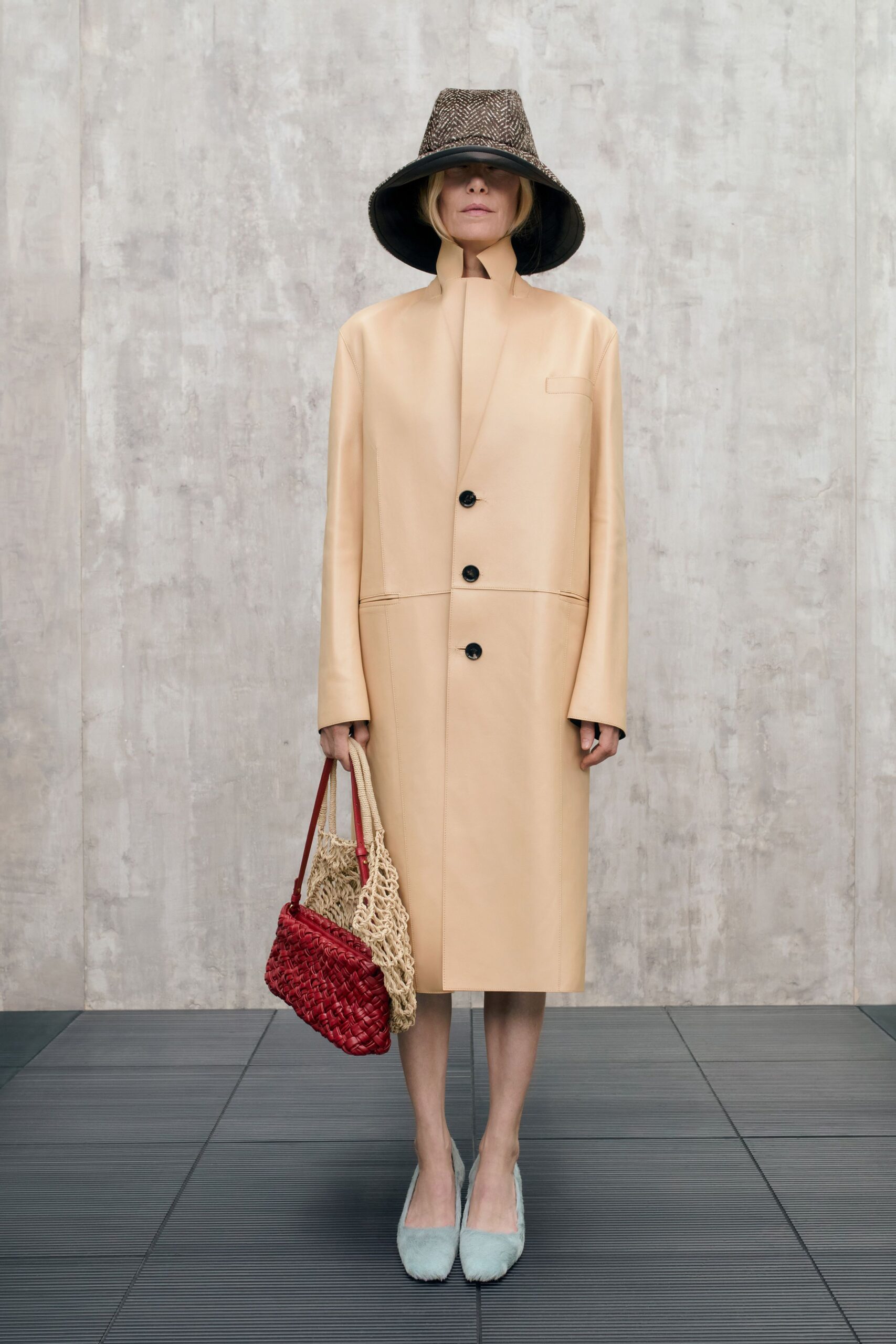 beige leather long-sleeve collared relaxed buttoned midi coat