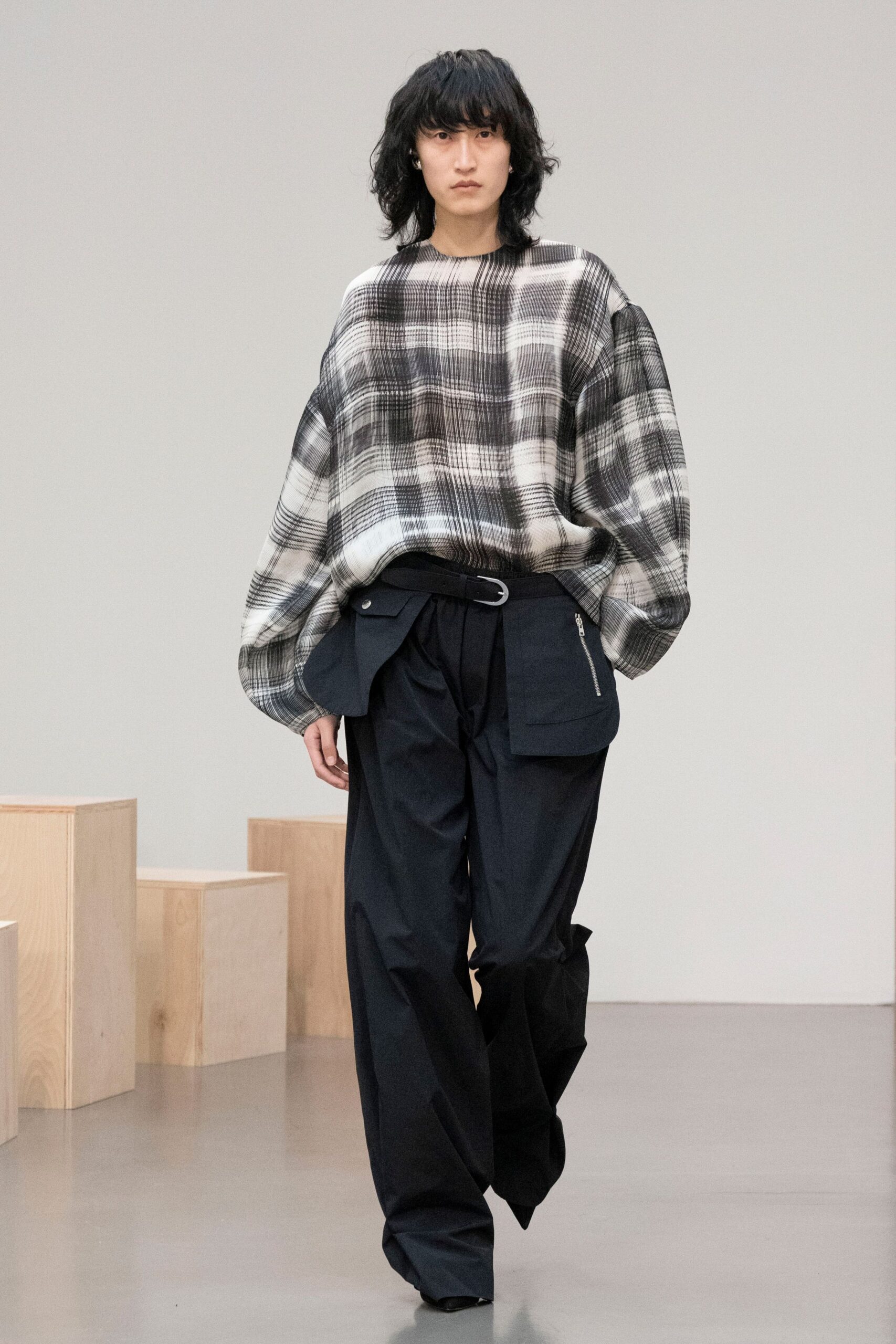 oversized checked top with relaxed pants