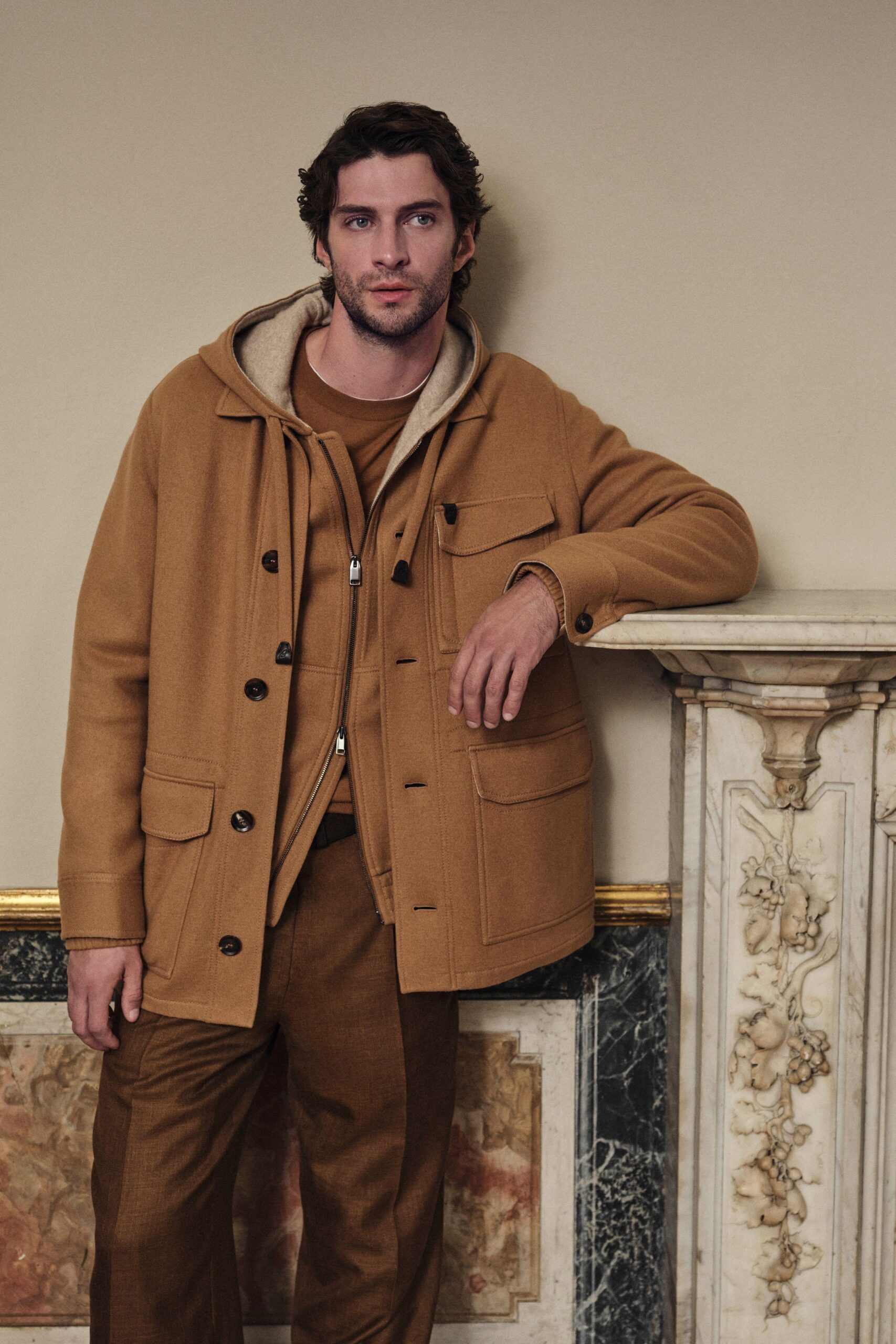 brown wool long-sleeve collared relaxed buttoned pockets jacket