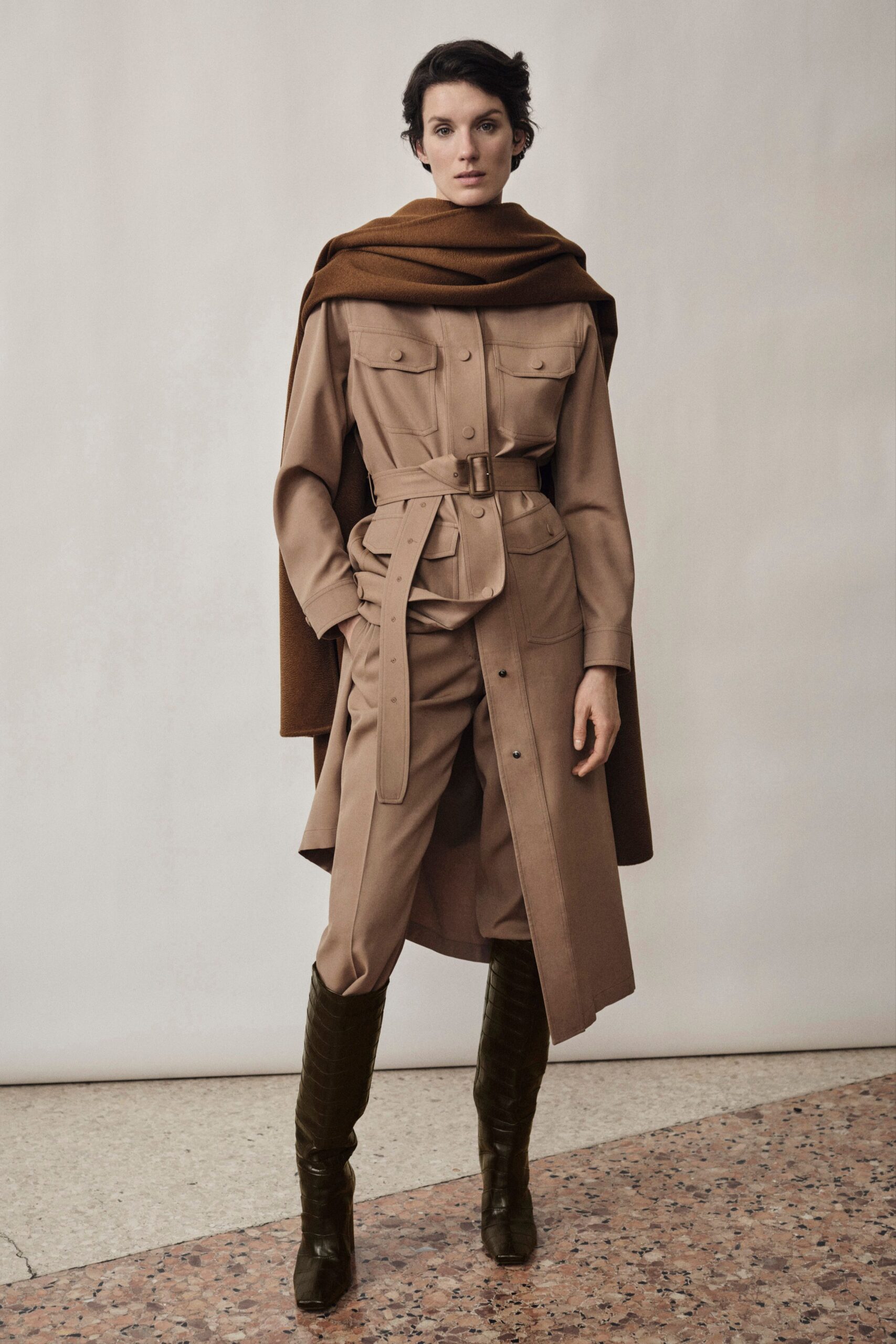 brown wool long-sleeve collared relaxed belted midi coat