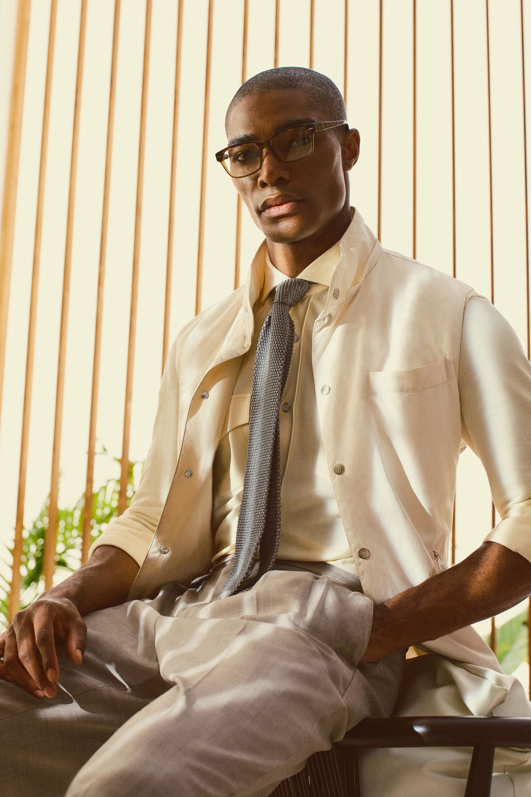 beige cotton short-sleeve collared structured jacket