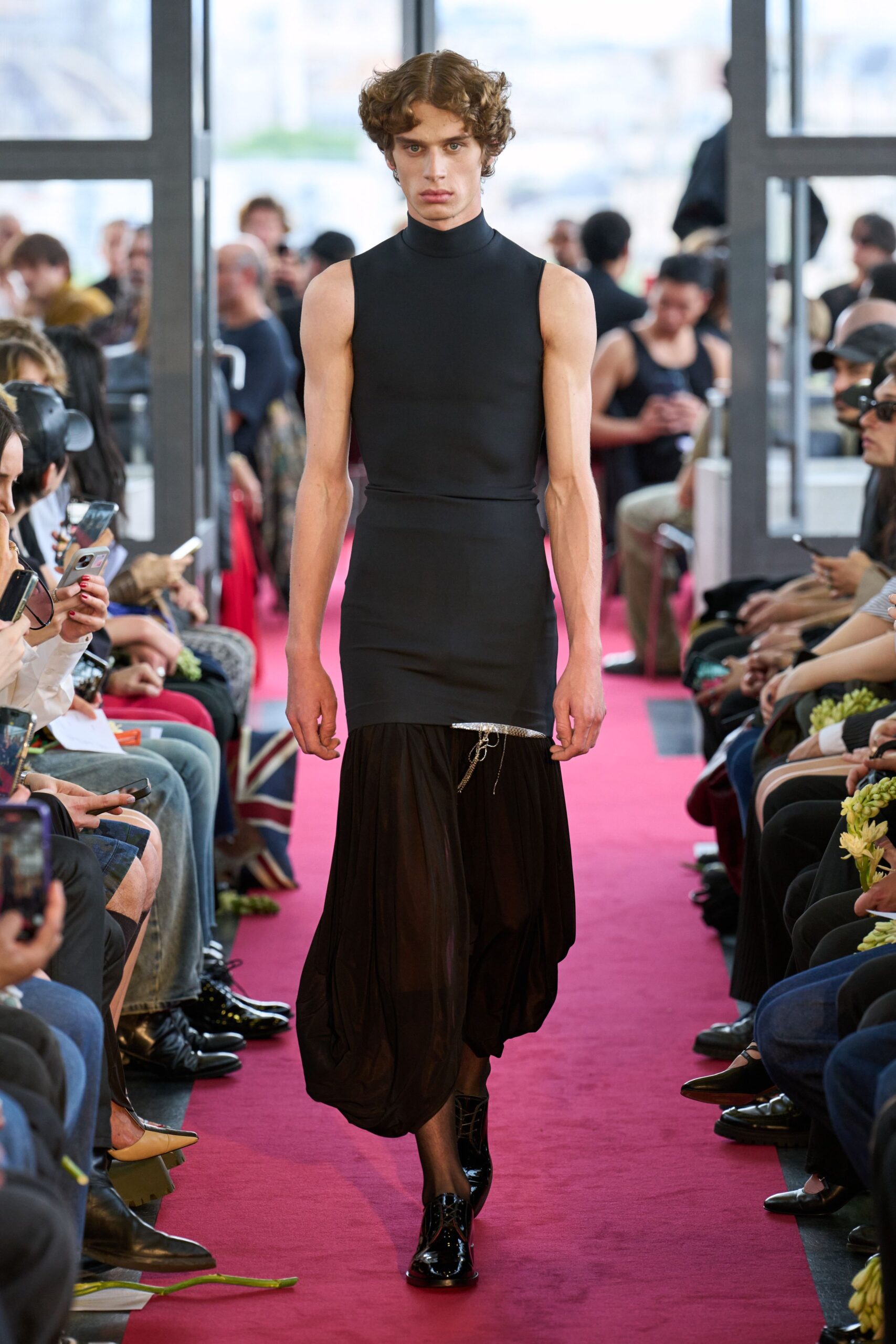 black cotton sleeveless high-neck fitted zippered midi dress