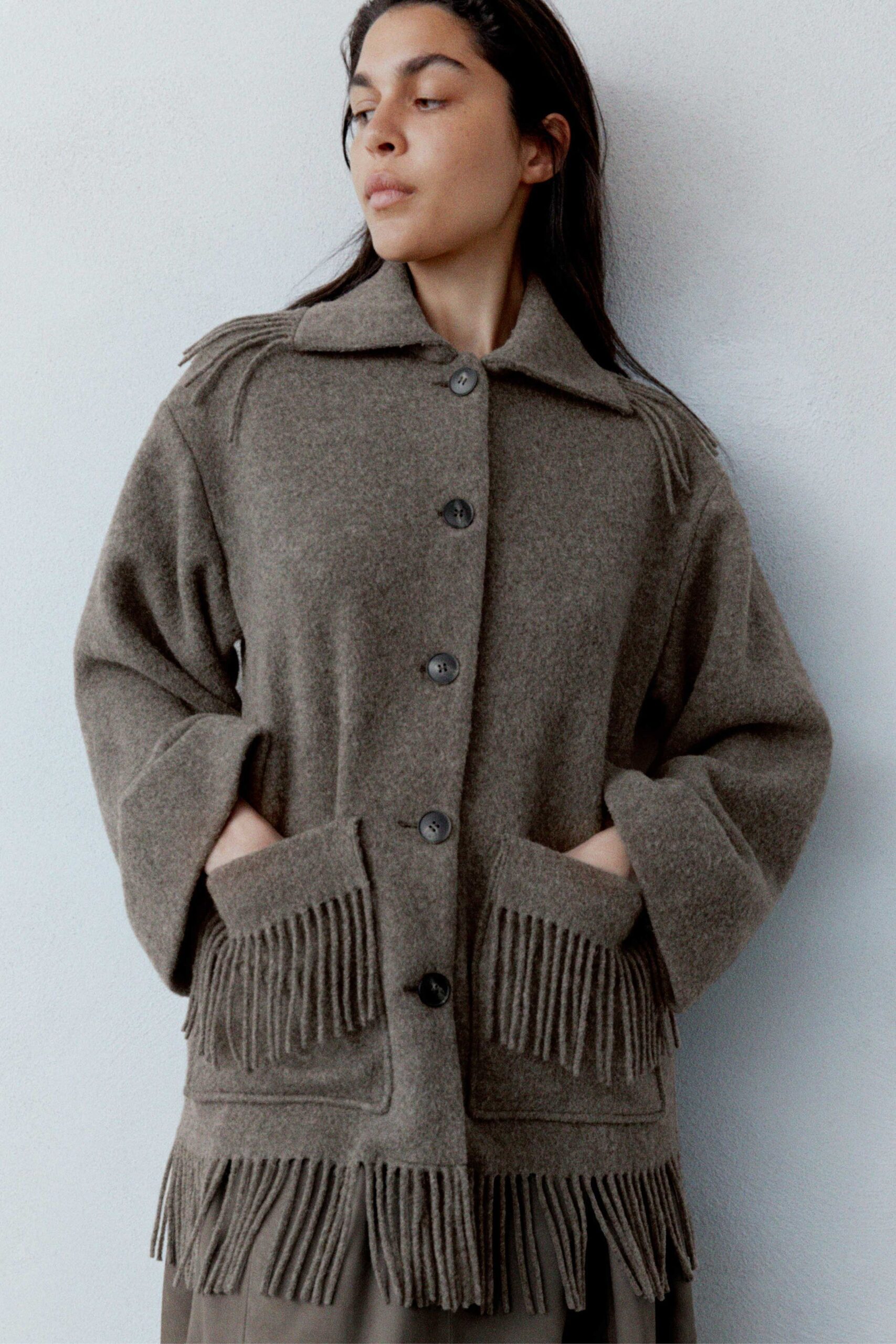 brown wool fringed coat