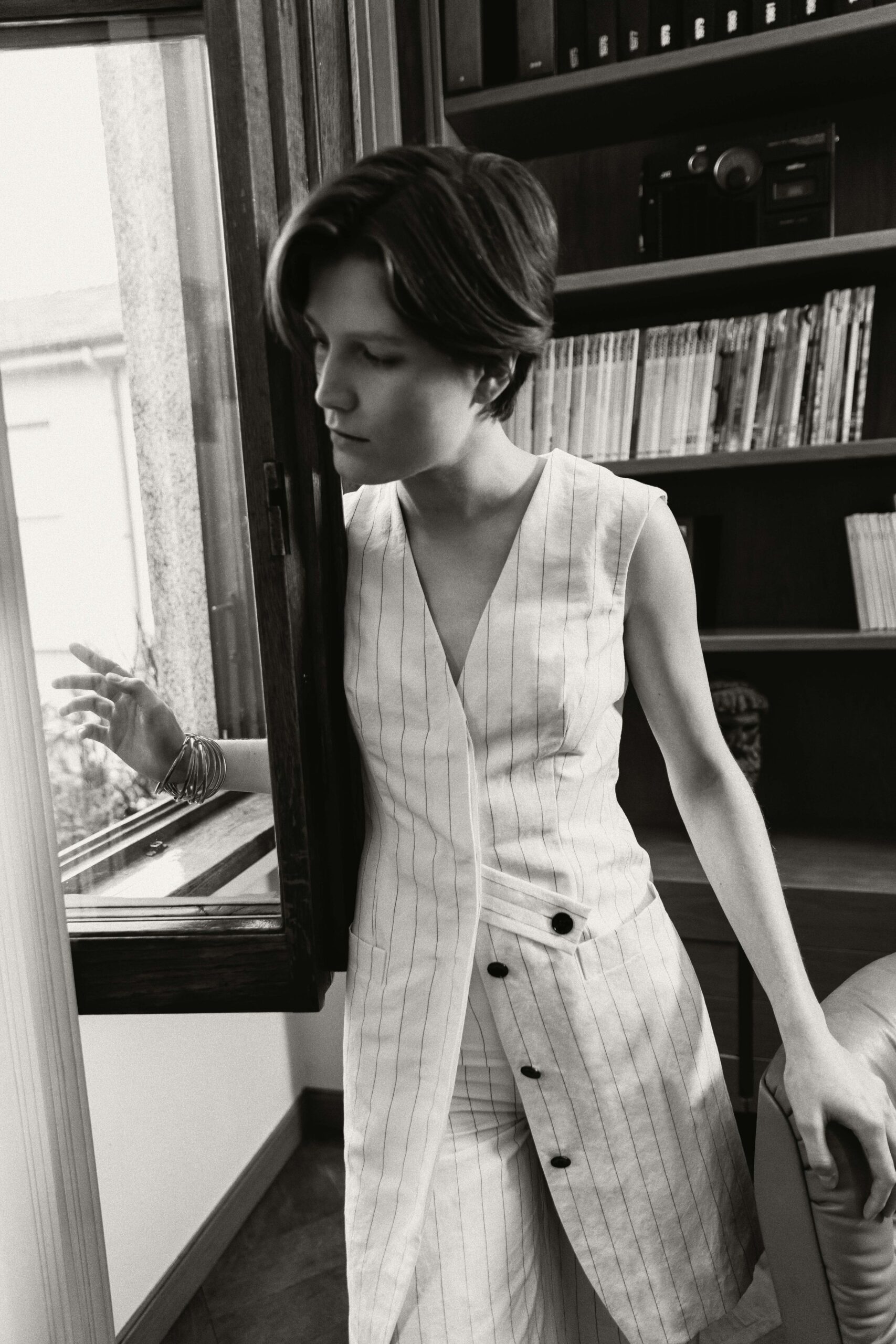 white and black striped jumpsuit