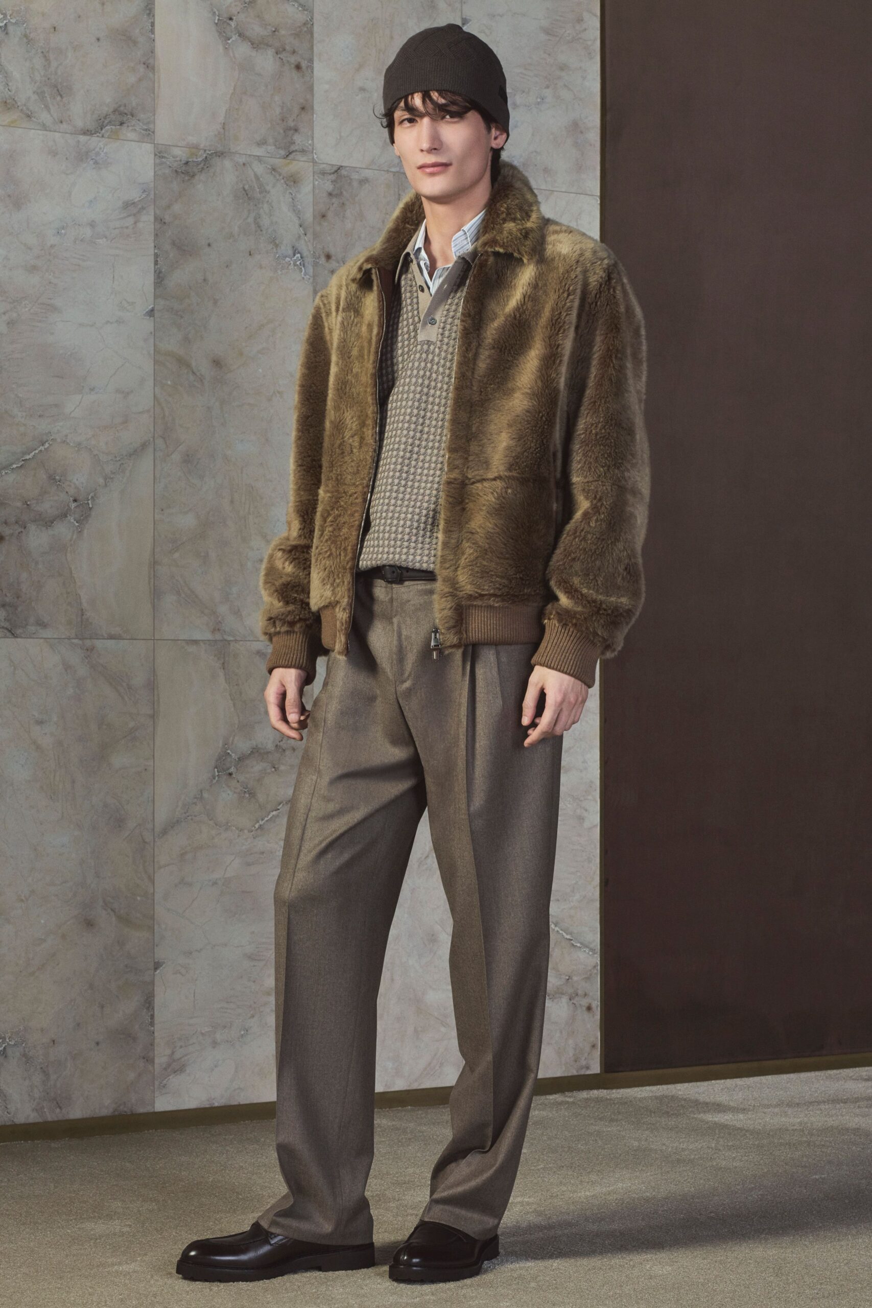 brown faux-fur jacket with gray shirt