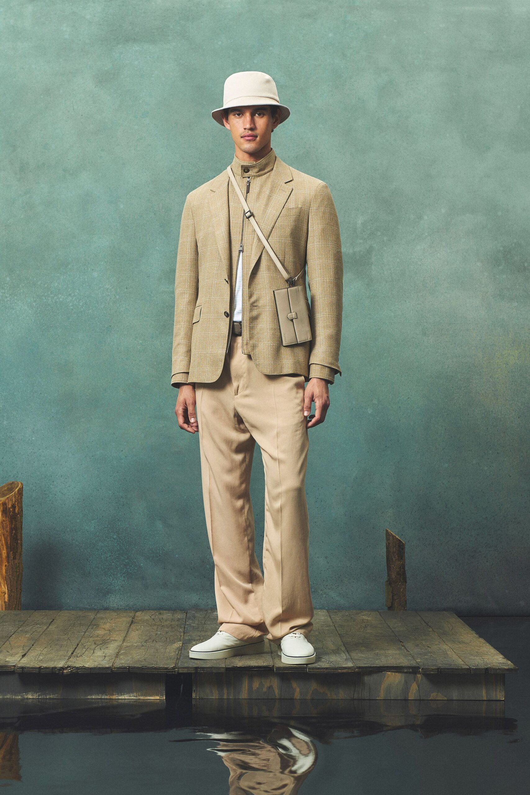 beige tailored blazer with relaxed pants