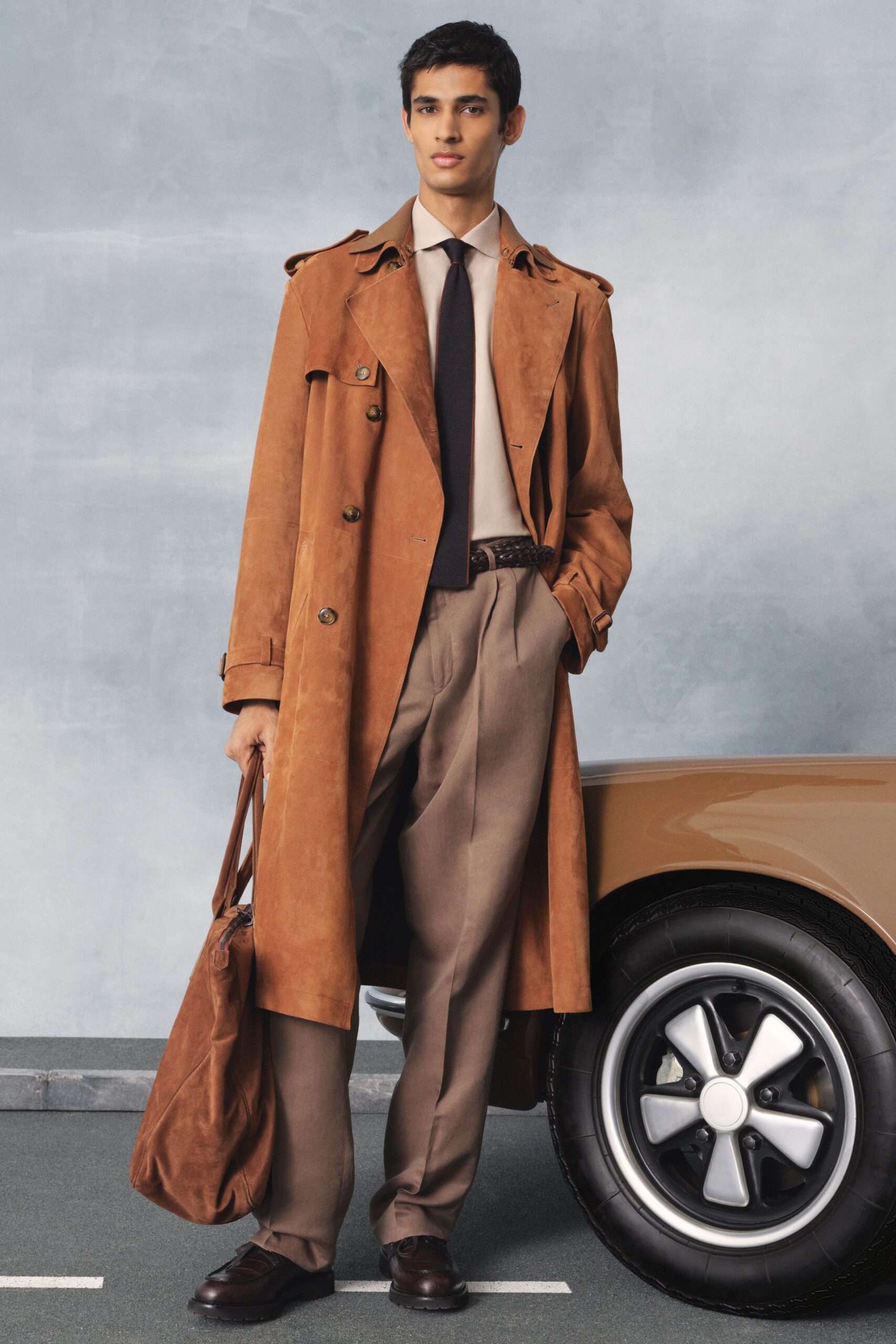brown suede long-sleeve collared oversized buttoned pockets coat