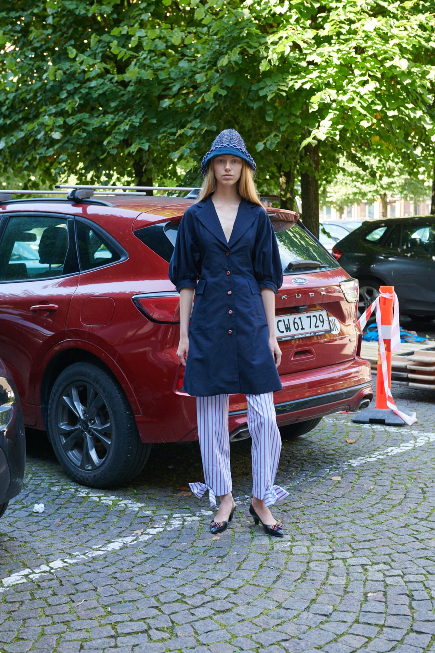 navy shirt-dress with striped pants