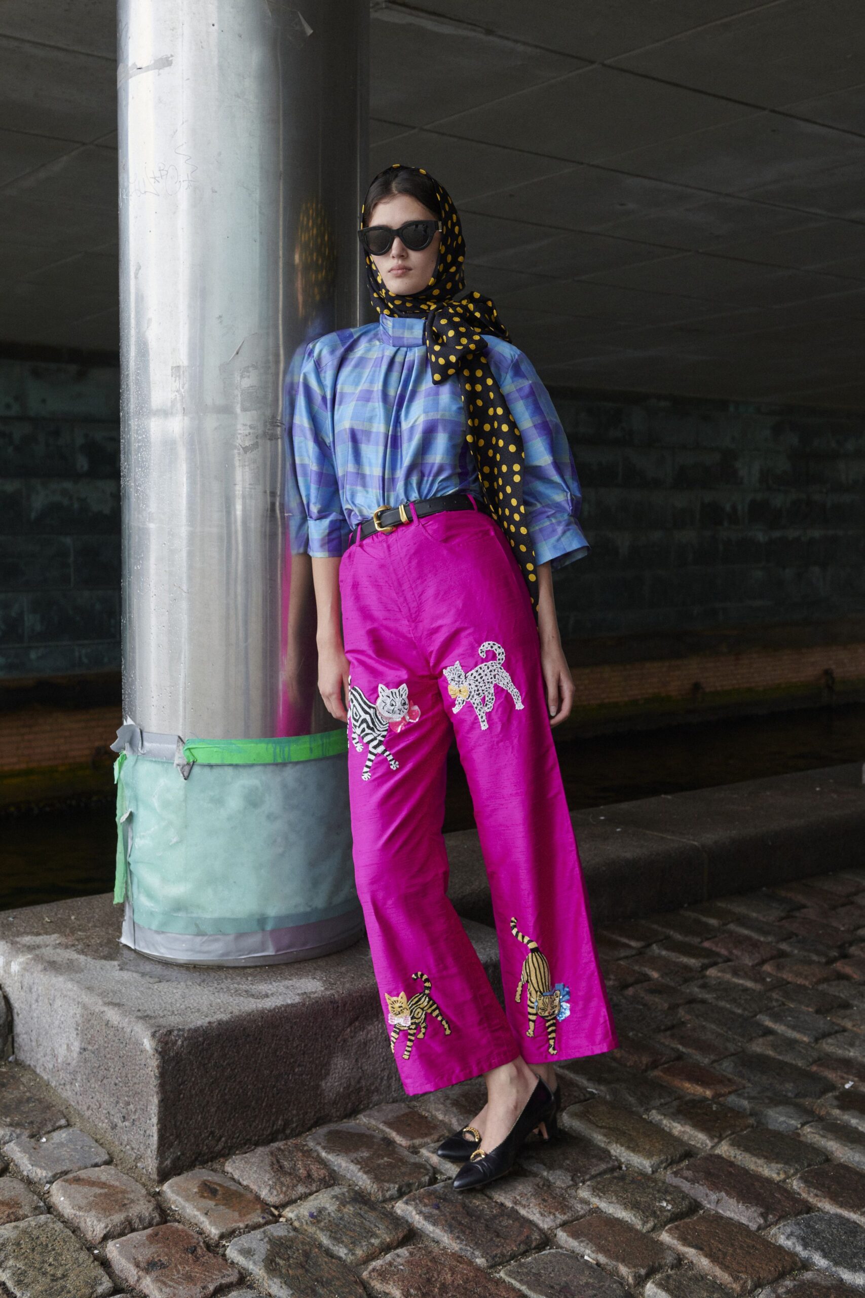 pink silk high-waisted printed wide-leg shiny pants