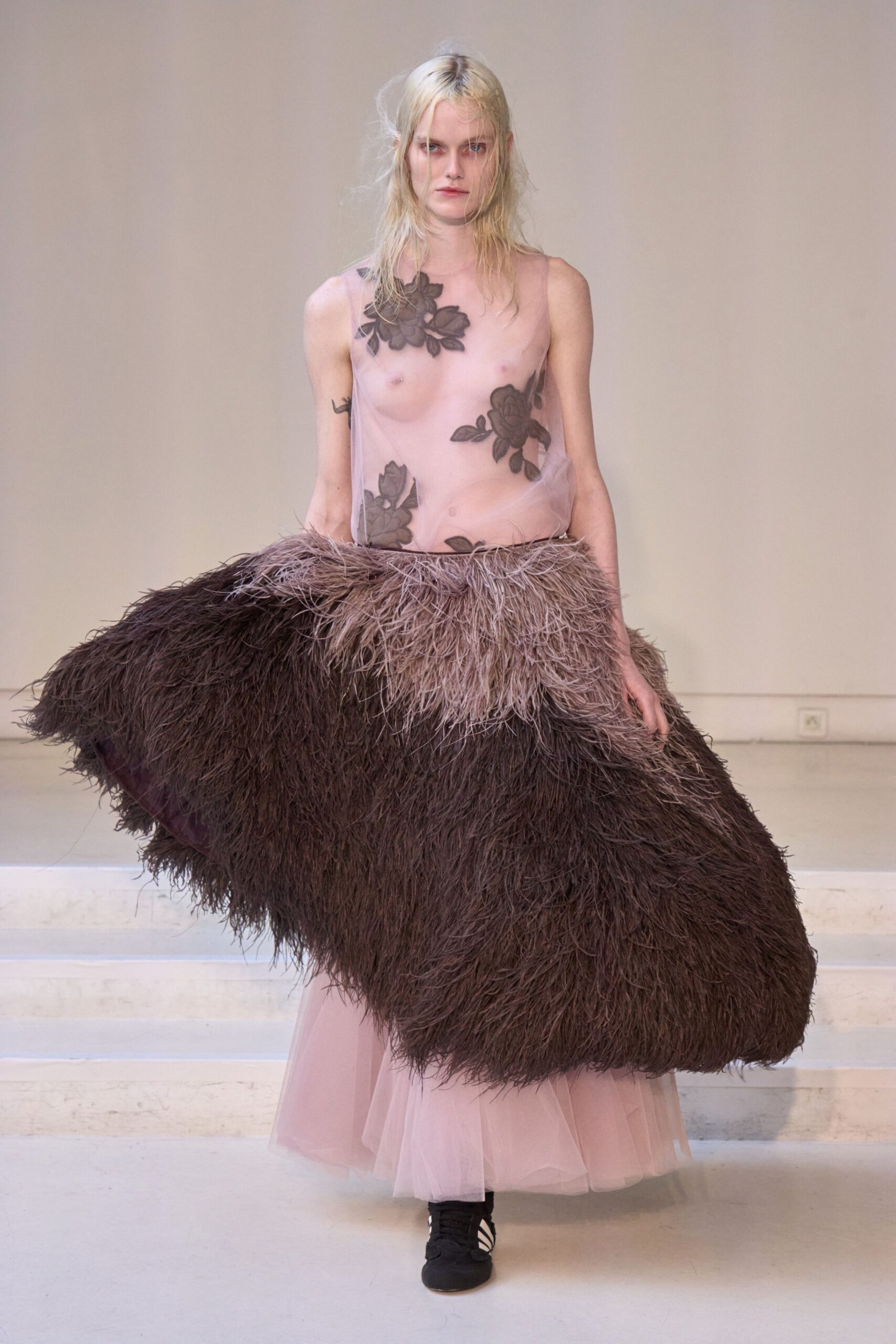 pink tulle sleeveless fitted layered flowing maxi dress
