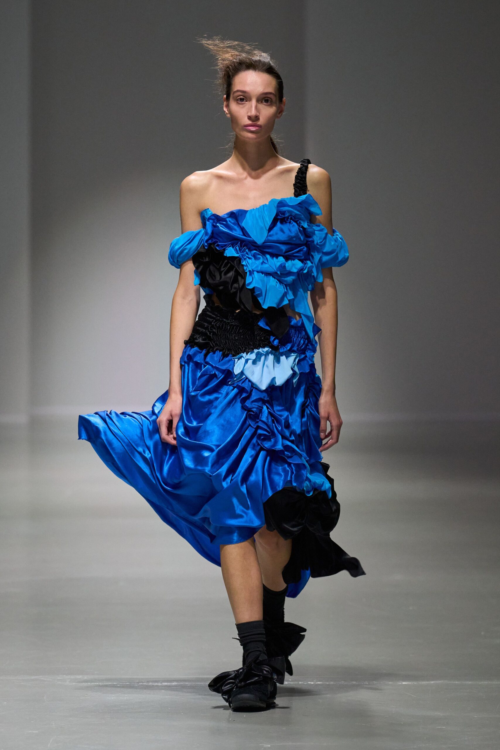 blue silk sleeveless off-shoulder fitted ruffled layered dress