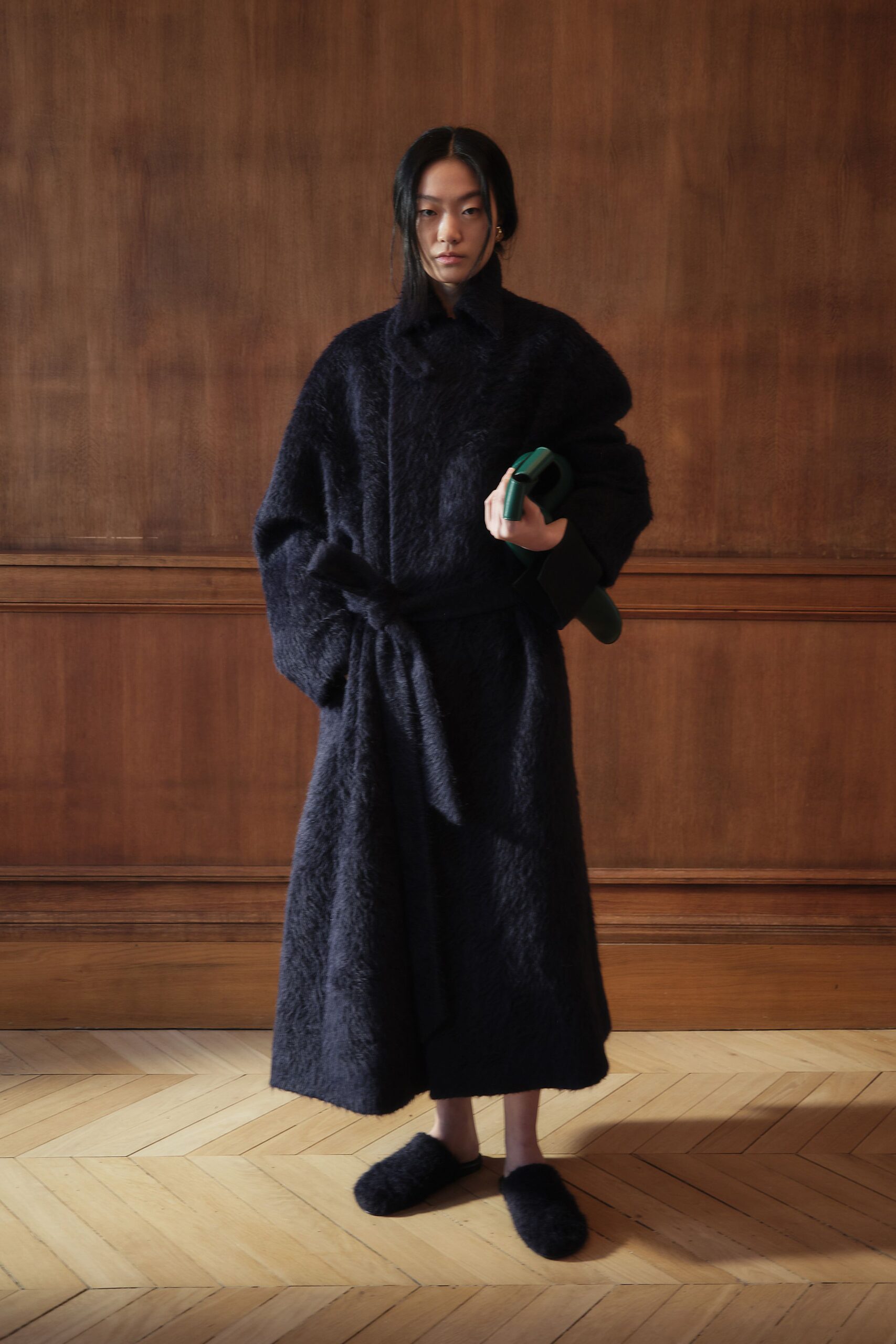 black wool long-sleeve collared relaxed belted maxi coat