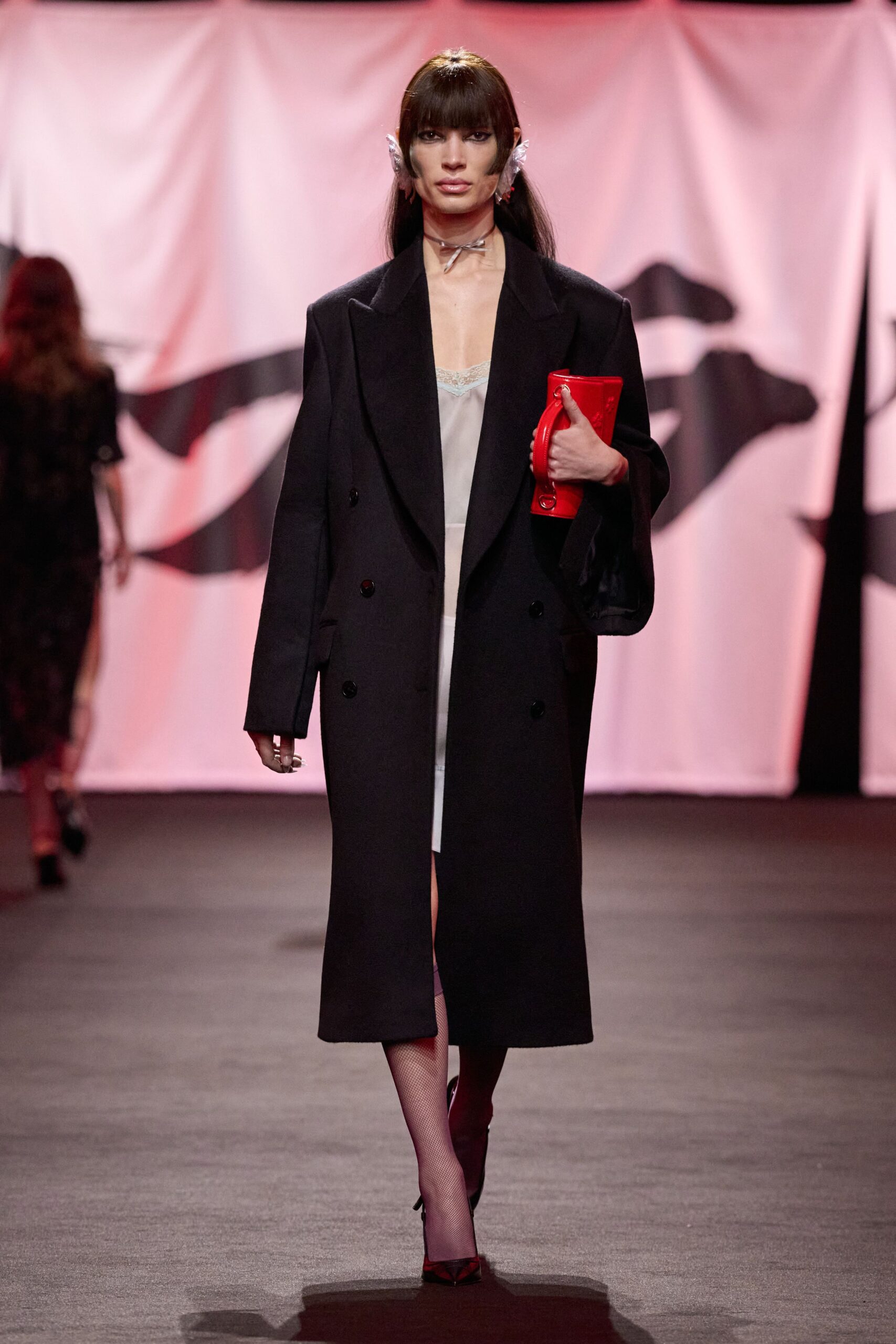 black oversized coat with white dress