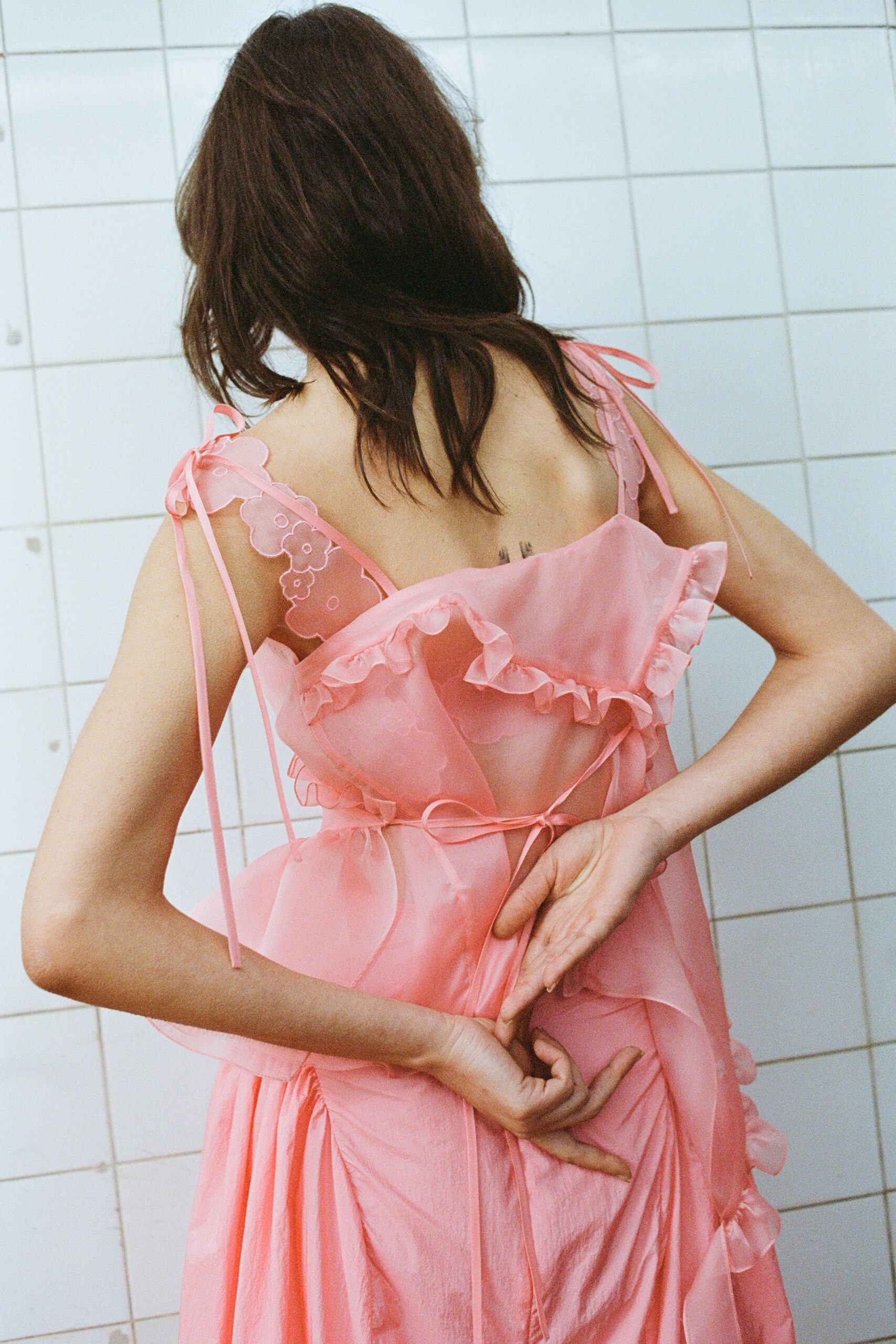 pink ruffled midi dress