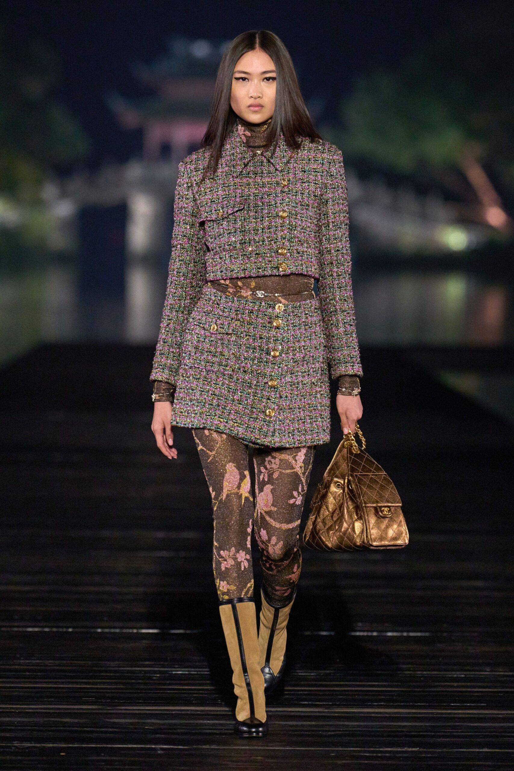 multi-colored tweed jacket with flared pants