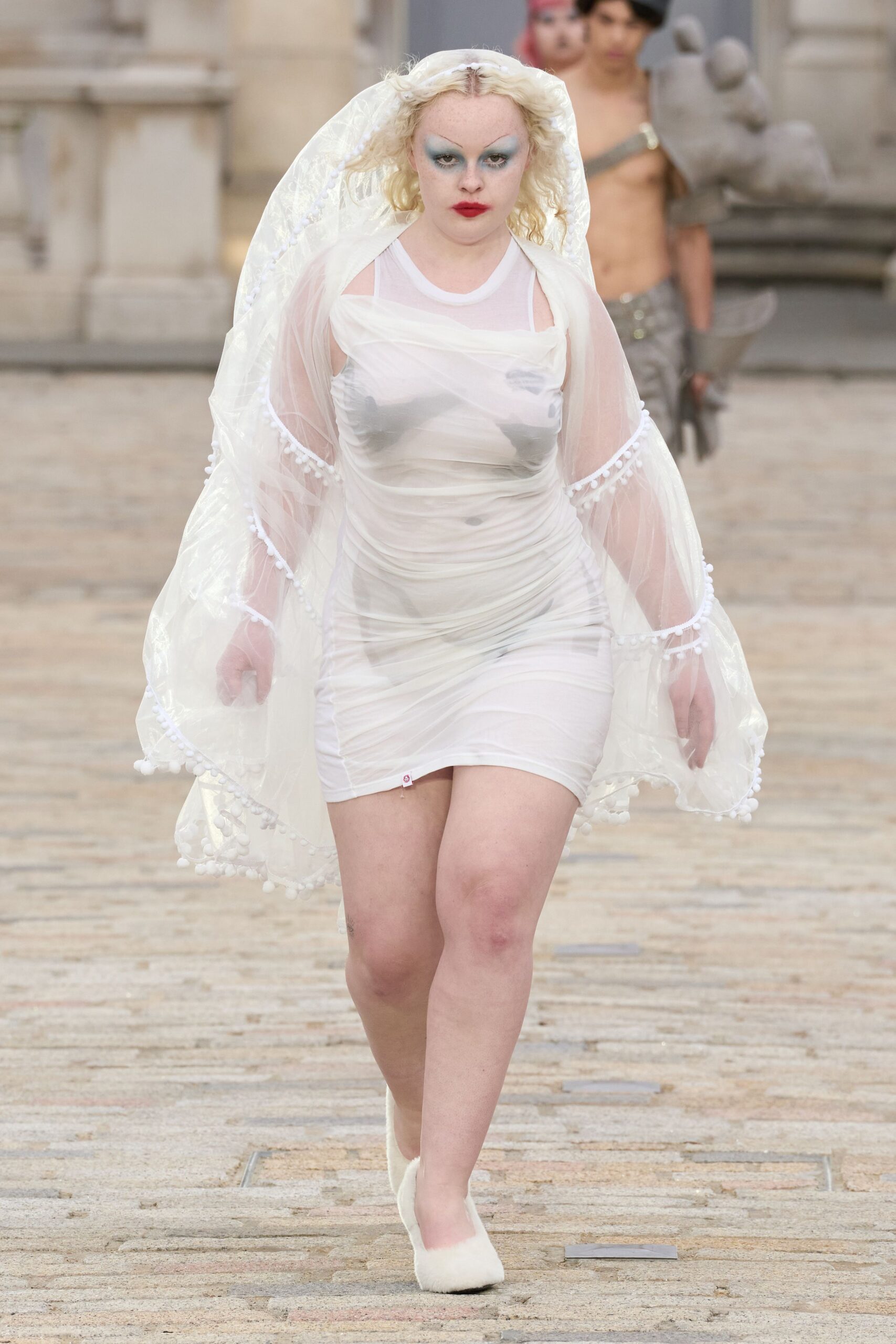 white mesh sleeveless high-neck fitted layered dress