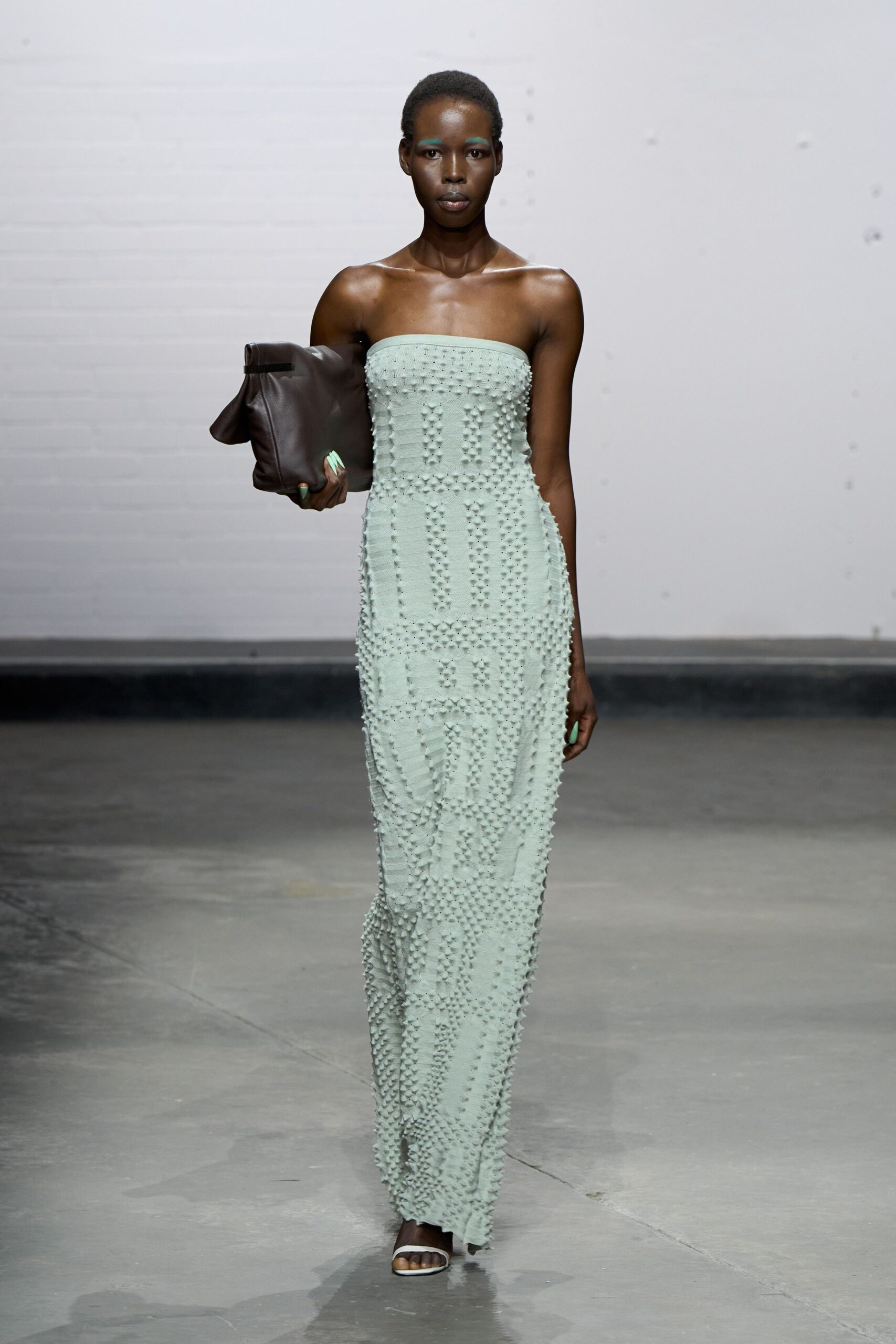 green cotton strapless fitted pleated maxi gown