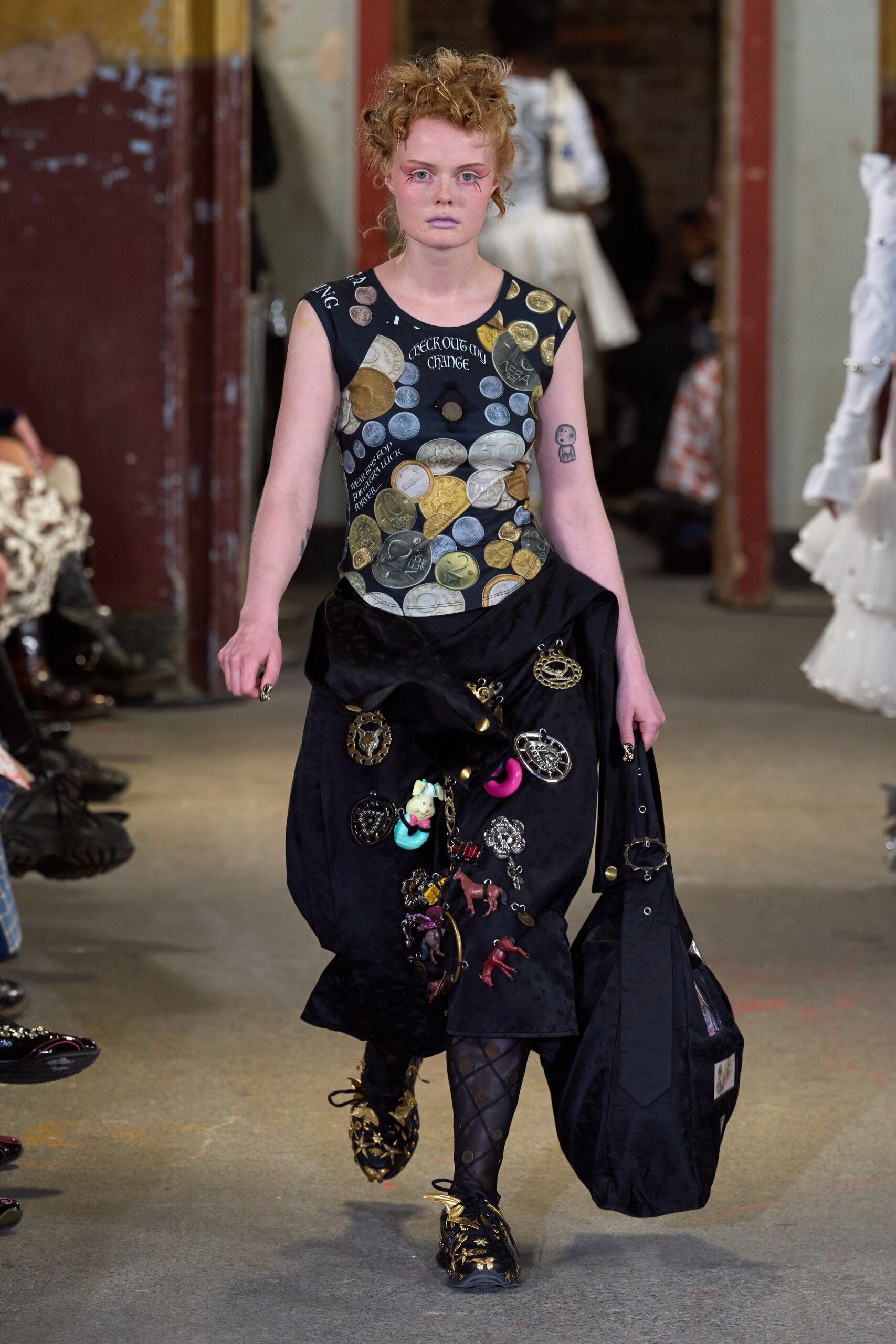 black fitted top with printed skirt